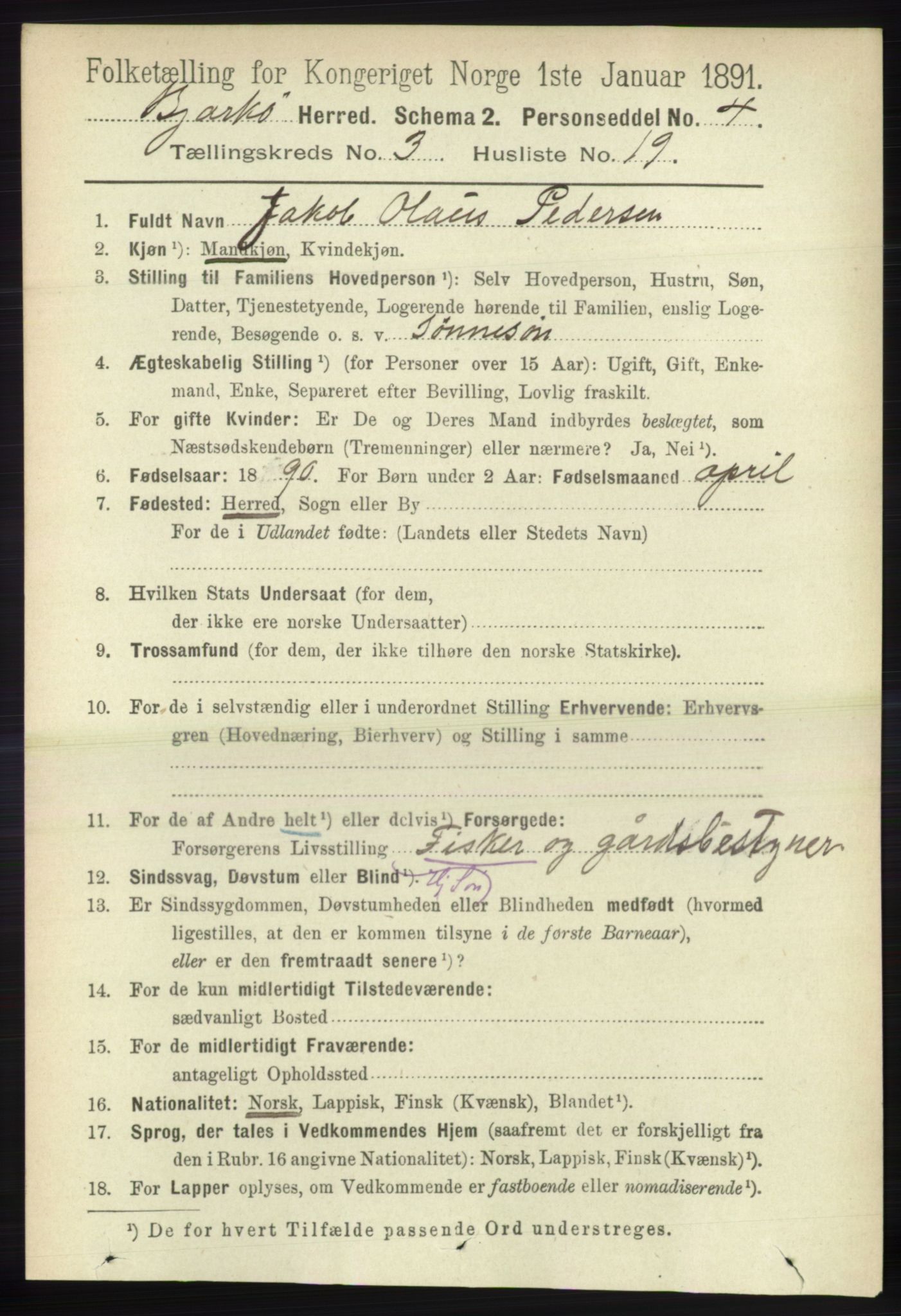 RA, 1891 census for 1915 Bjarkøy, 1891, p. 1653