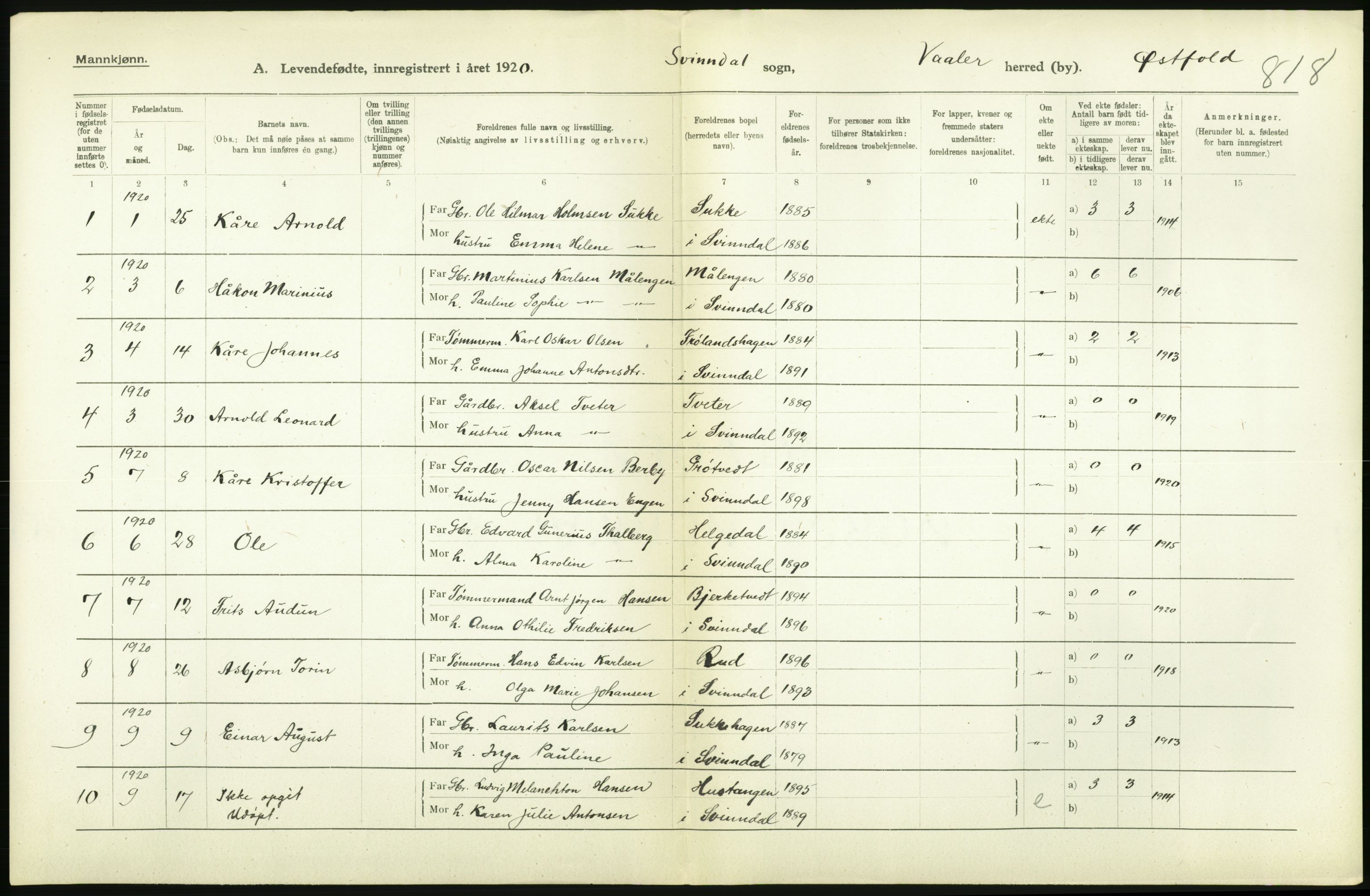 Statistisk sentralbyrå, Sosiodemografiske emner, Befolkning, RA/S-2228/D/Df/Dfb/Dfbj/L0001: Østfold fylke: Levendefødte menn og kvinner. Bygder., 1920, p. 14