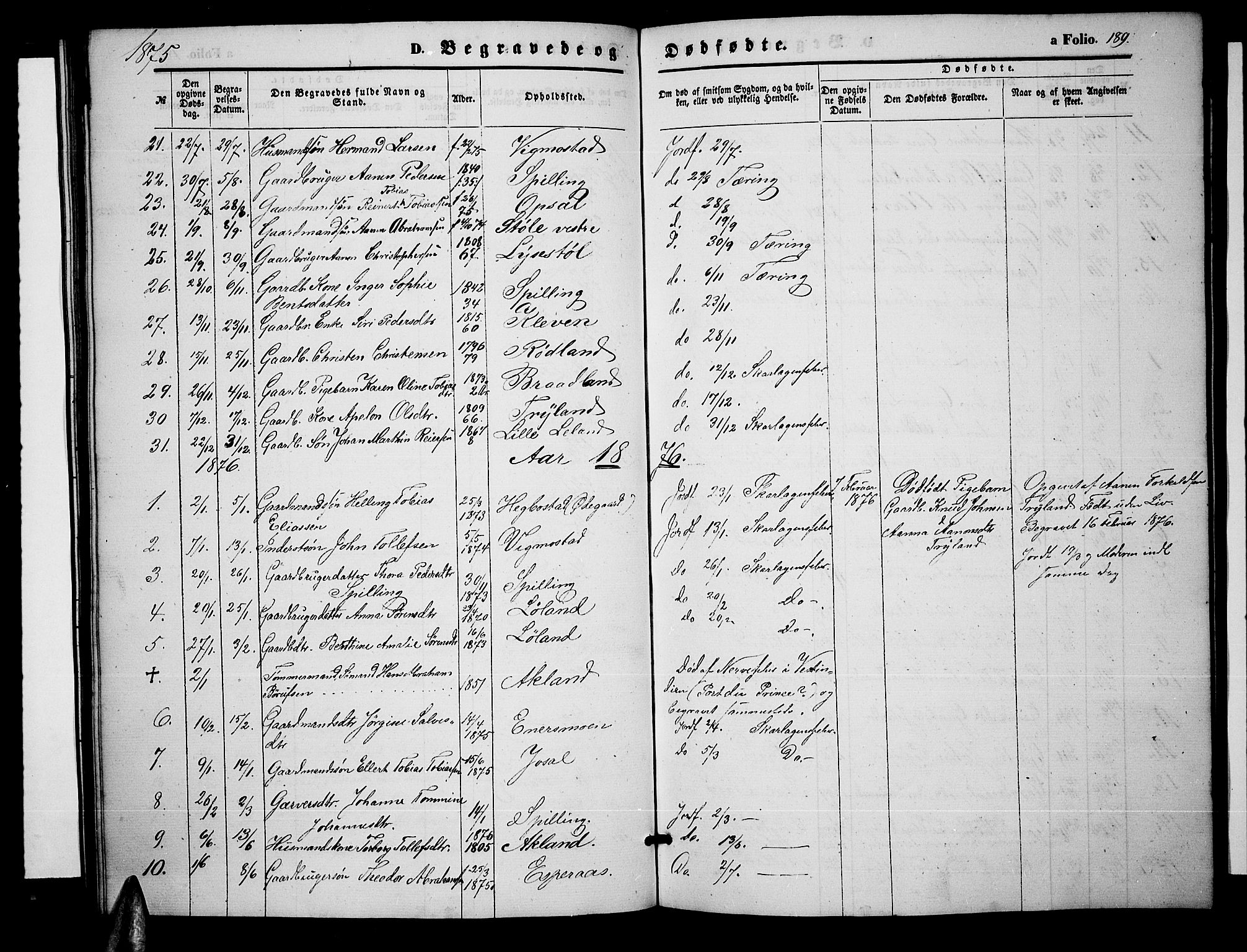 Nord-Audnedal sokneprestkontor, SAK/1111-0032/F/Fb/Fbb/L0002: Parish register (copy) no. B 2, 1859-1882, p. 189