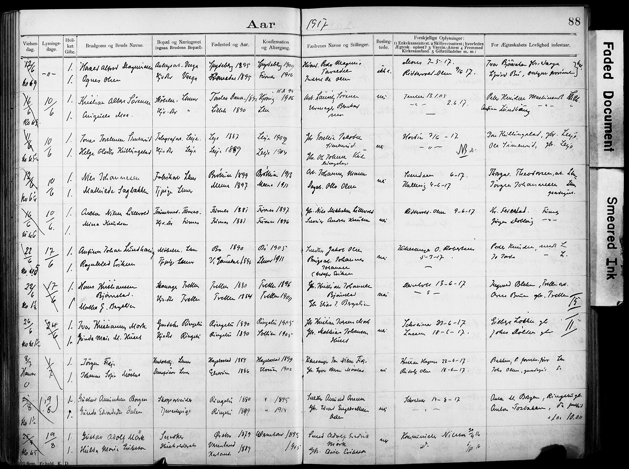 Lillehammer prestekontor, AV/SAH-PREST-088/I/Ie: Banns register no. 1, 1903-1932, p. 88