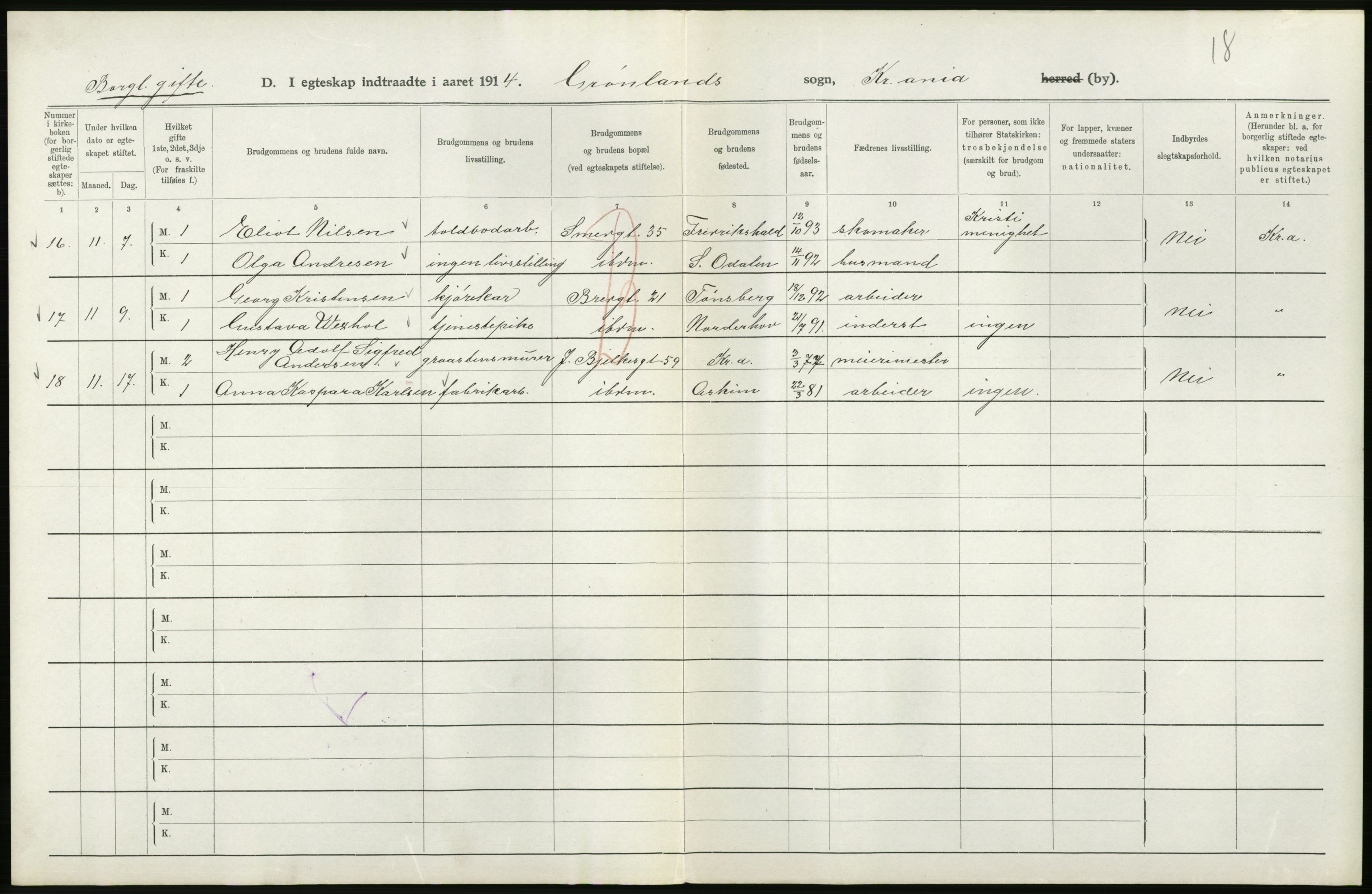 Statistisk sentralbyrå, Sosiodemografiske emner, Befolkning, RA/S-2228/D/Df/Dfb/Dfbd/L0007: Kristiania: Gifte, 1914, p. 194