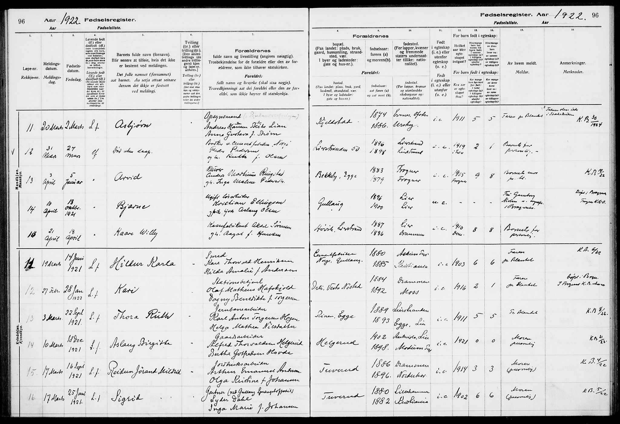 Lier kirkebøker, AV/SAKO-A-230/J/Ja/L0001: Birth register no. 1, 1916-1928, p. 96