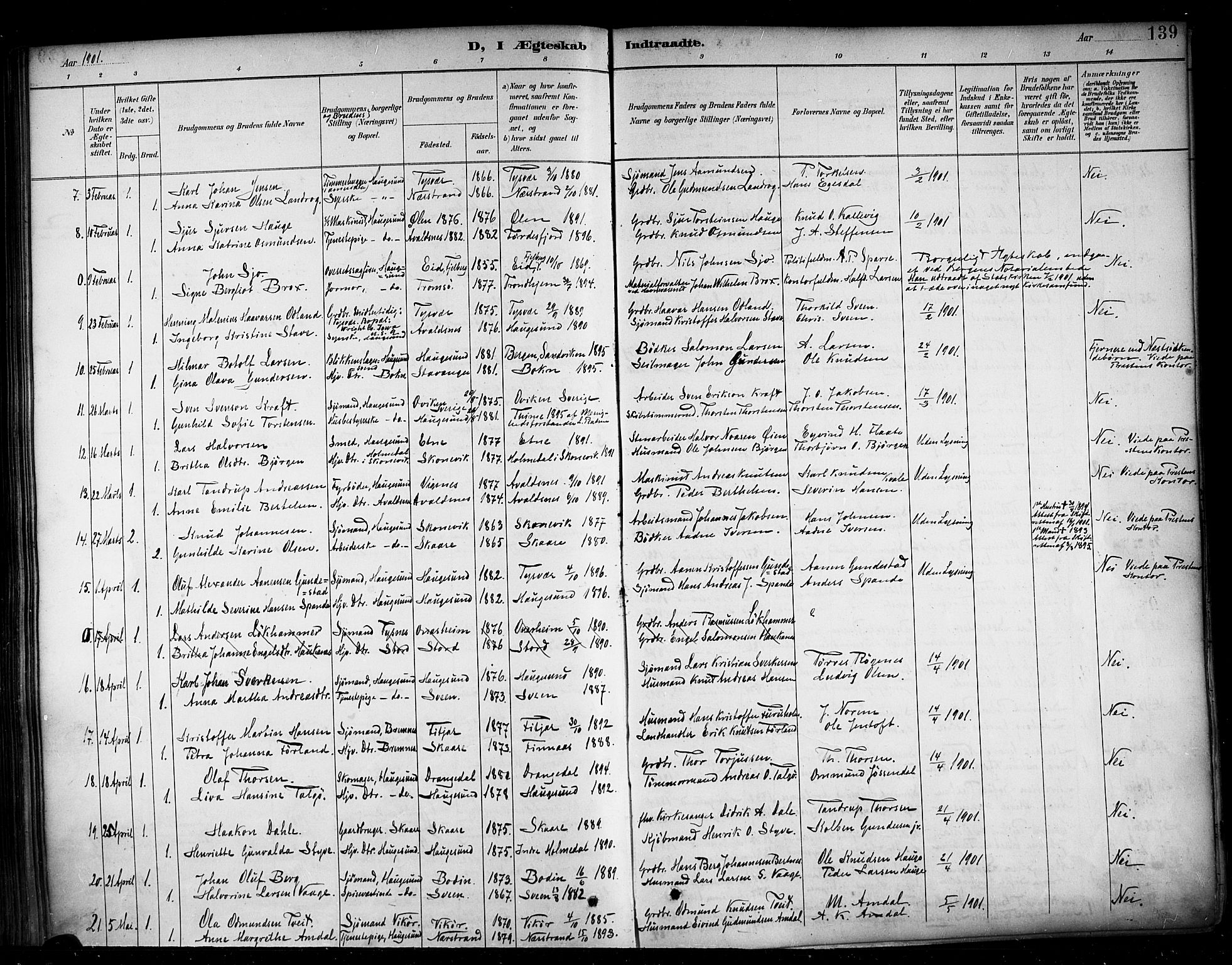 Haugesund sokneprestkontor, AV/SAST-A -101863/H/Ha/Haa/L0005: Parish register (official) no. A 5, 1891-1903, p. 139