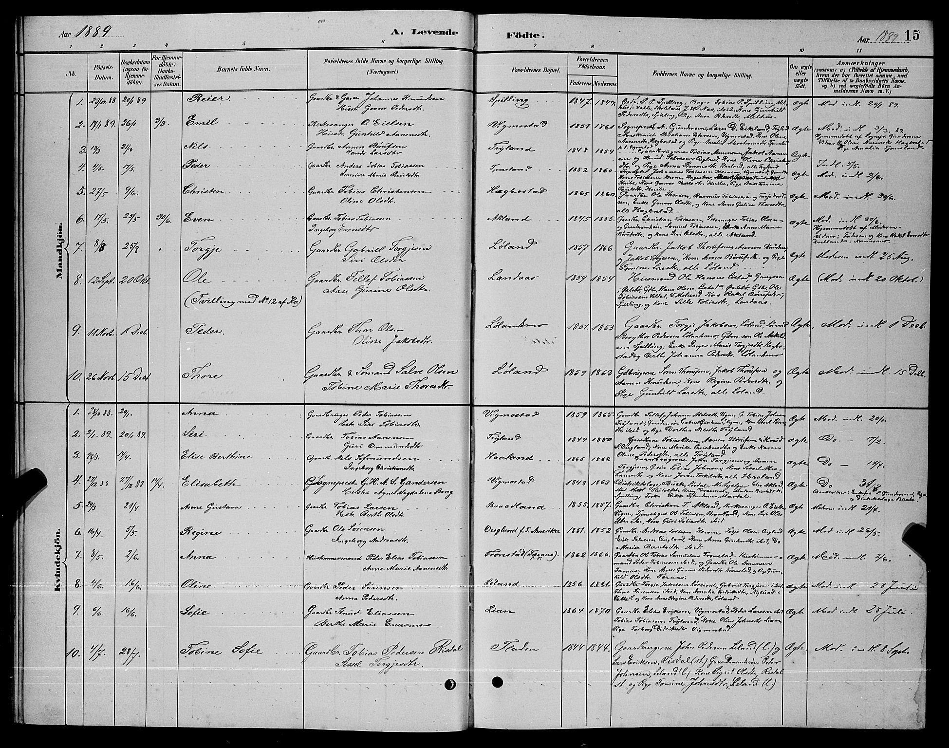 Nord-Audnedal sokneprestkontor, AV/SAK-1111-0032/F/Fb/Fbb/L0003: Parish register (copy) no. B 3, 1882-1900, p. 15