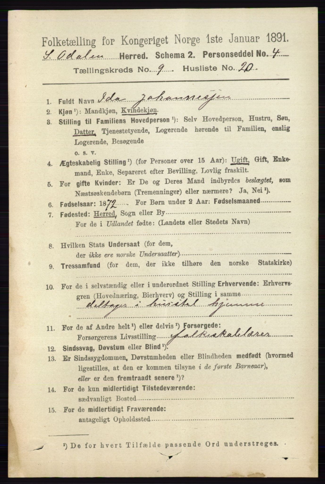 RA, 1891 census for 0419 Sør-Odal, 1891, p. 4275