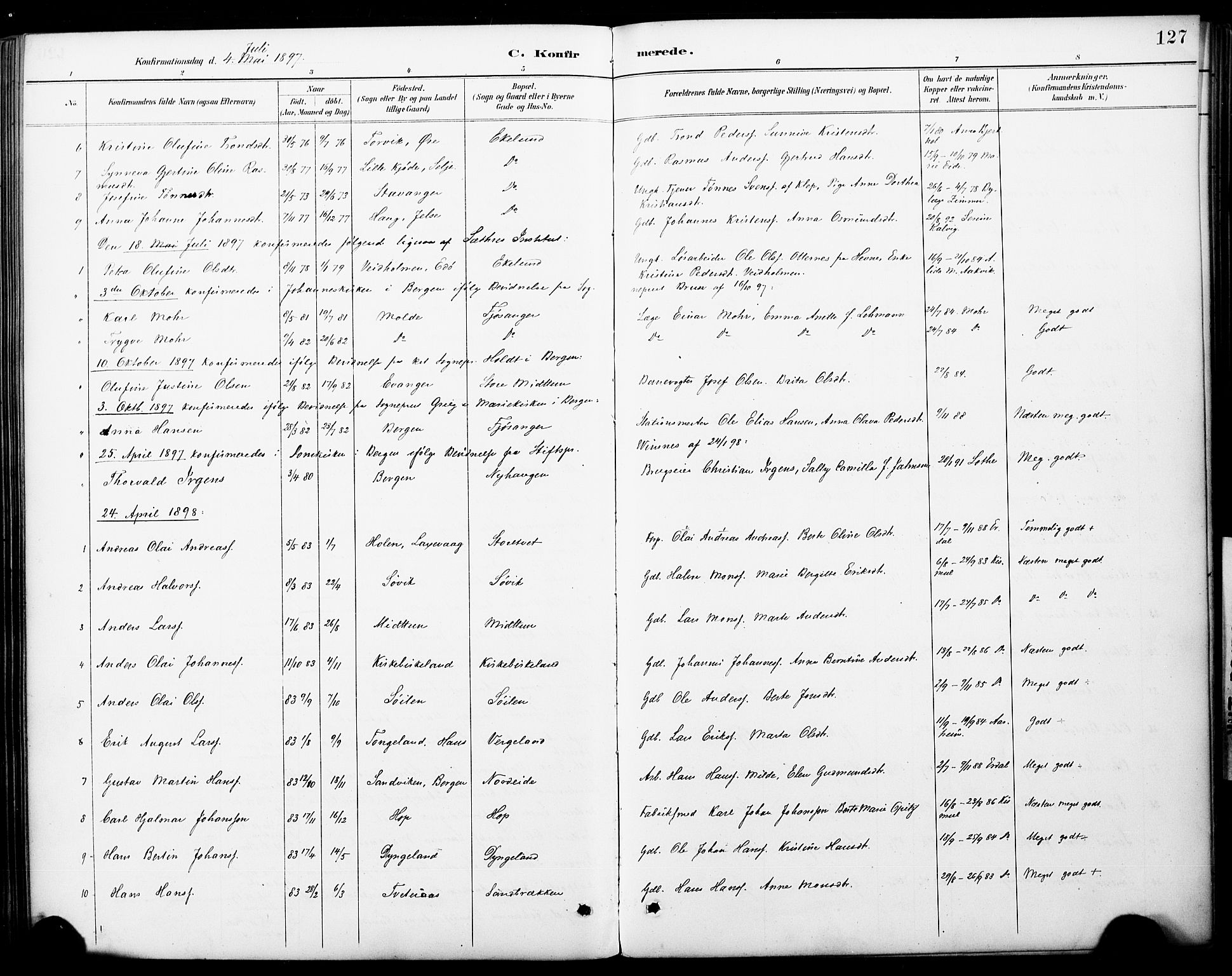 Fana Sokneprestembete, SAB/A-75101/H/Haa/Haai/L0002: Parish register (official) no. I 2, 1888-1899, p. 127