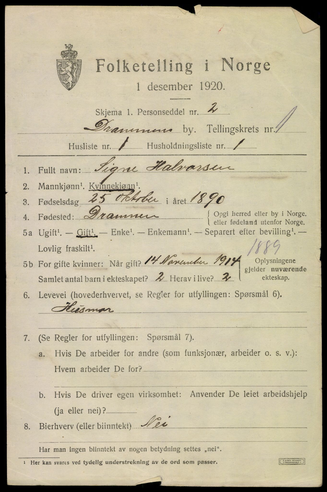 SAKO, 1920 census for Drammen, 1920, p. 18347