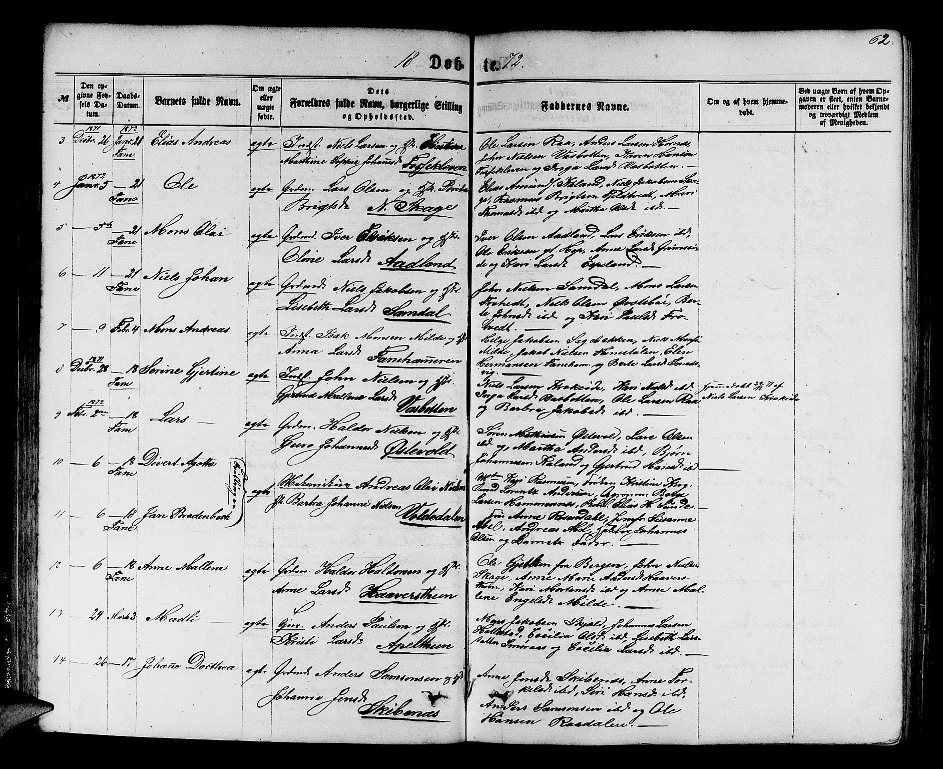 Fana Sokneprestembete, AV/SAB-A-75101/H/Hab/Habb/L0003: Parish register (copy) no. B 3, 1861-1888, p. 62