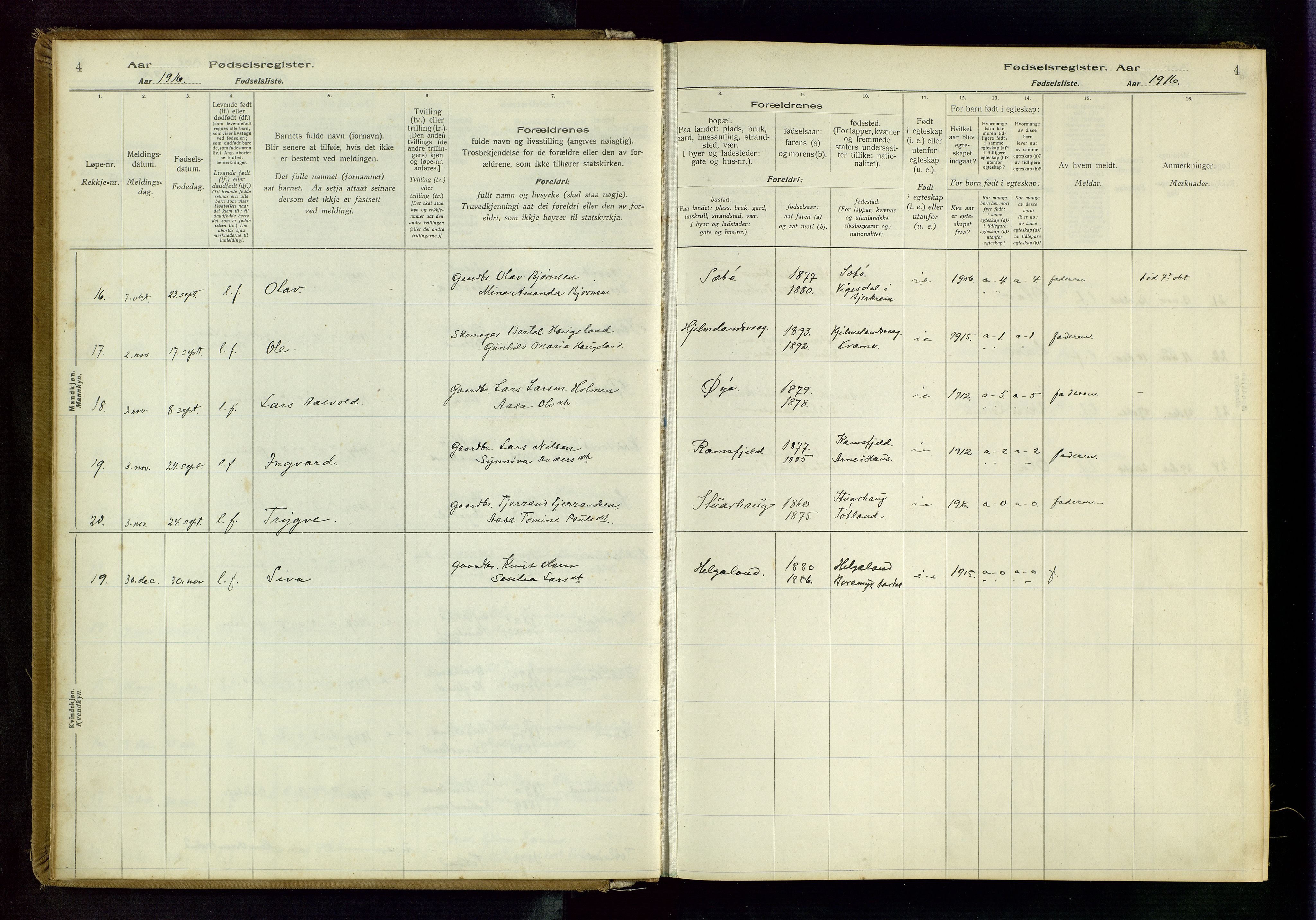 Hjelmeland sokneprestkontor, AV/SAST-A-101843/02/B/L0001: Birth register no. 1, 1916-1963, p. 4