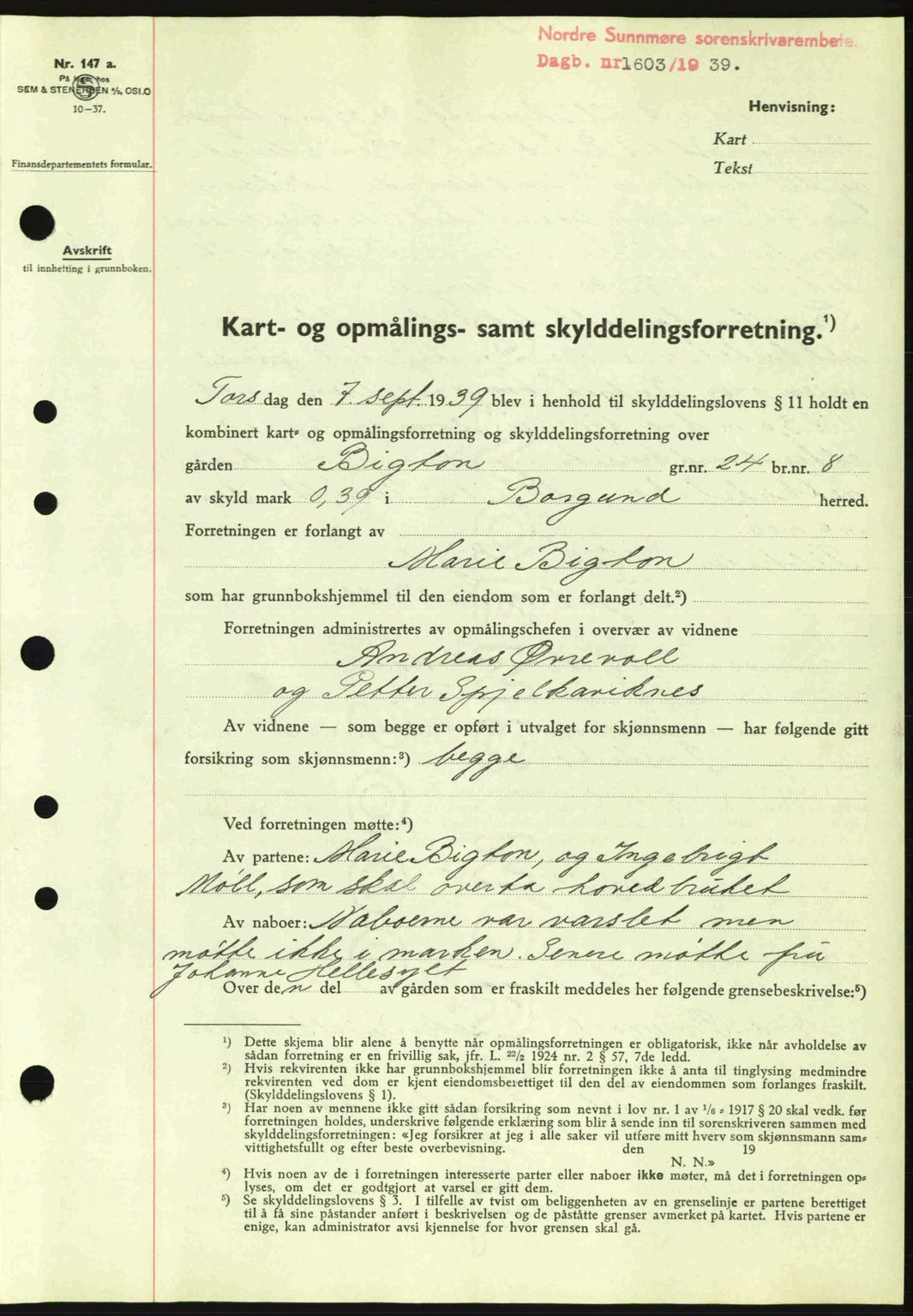 Nordre Sunnmøre sorenskriveri, SAT/A-0006/1/2/2C/2Ca: Mortgage book no. A7, 1939-1939, Diary no: : 1603/1939