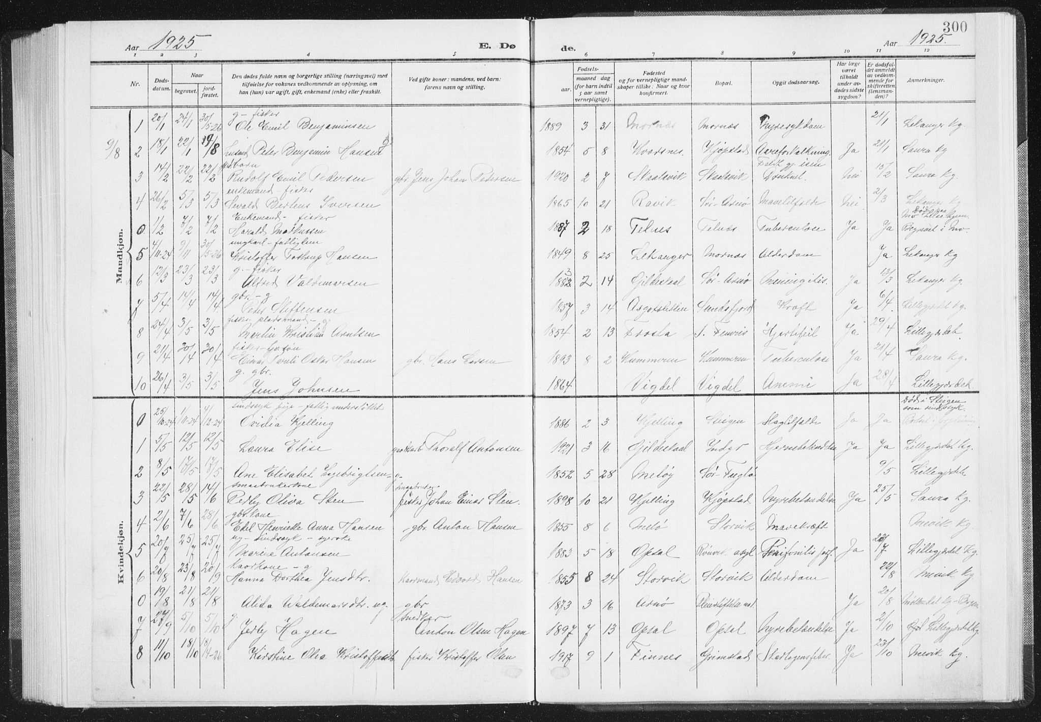 Ministerialprotokoller, klokkerbøker og fødselsregistre - Nordland, AV/SAT-A-1459/805/L0104: Parish register (official) no. 805A09, 1909-1926, p. 300