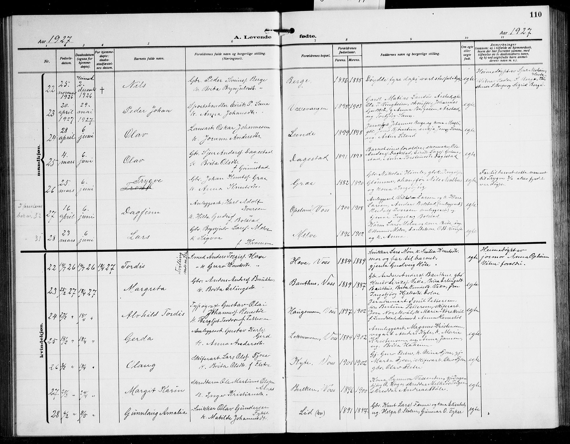 Voss sokneprestembete, AV/SAB-A-79001/H/Hab: Parish register (copy) no. C 4, 1920-1944, p. 110