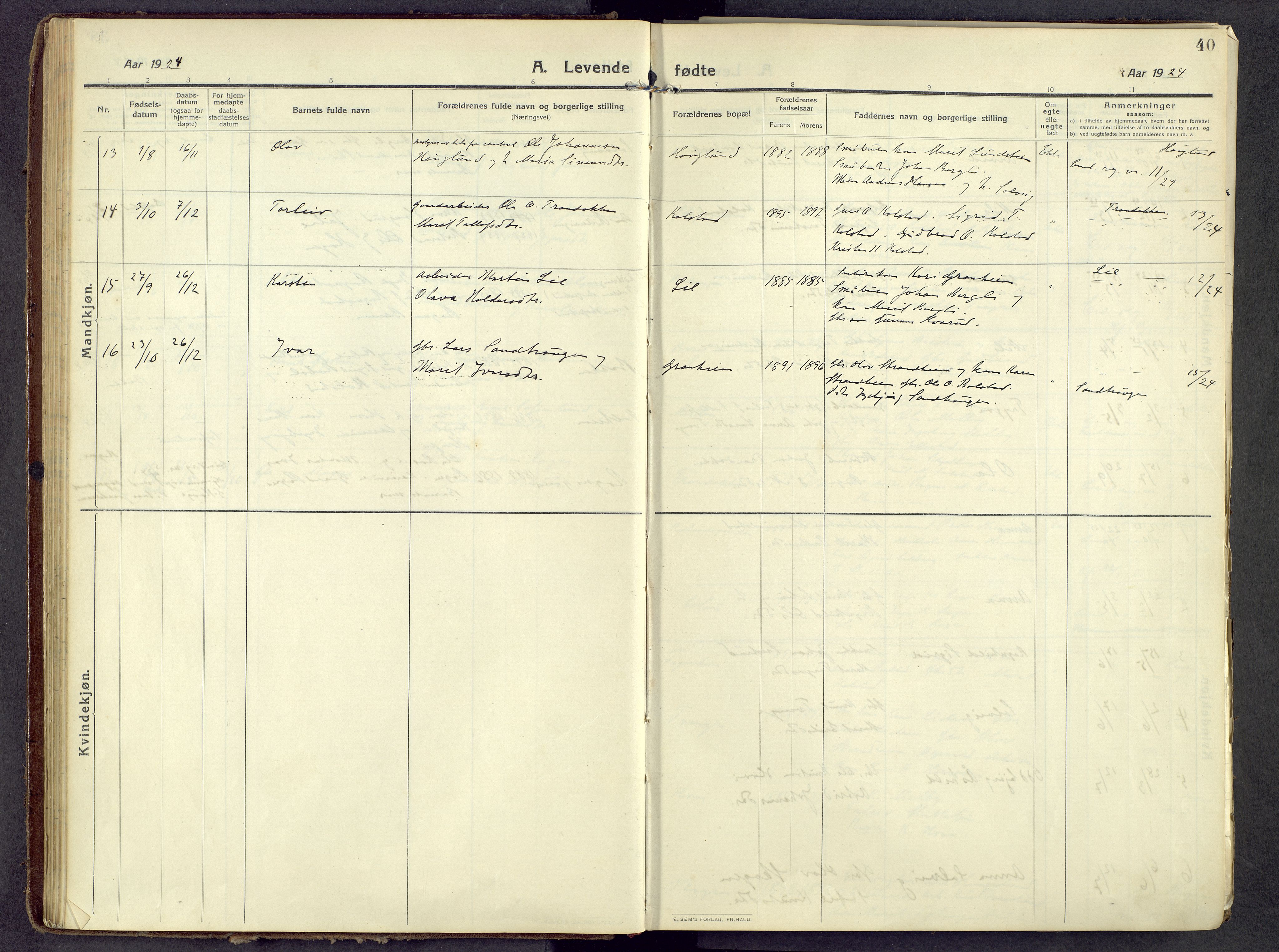 Øystre Slidre prestekontor, AV/SAH-PREST-138/H/Ha/Haa/L0006: Parish register (official) no. 6, 1911-1931, p. 40