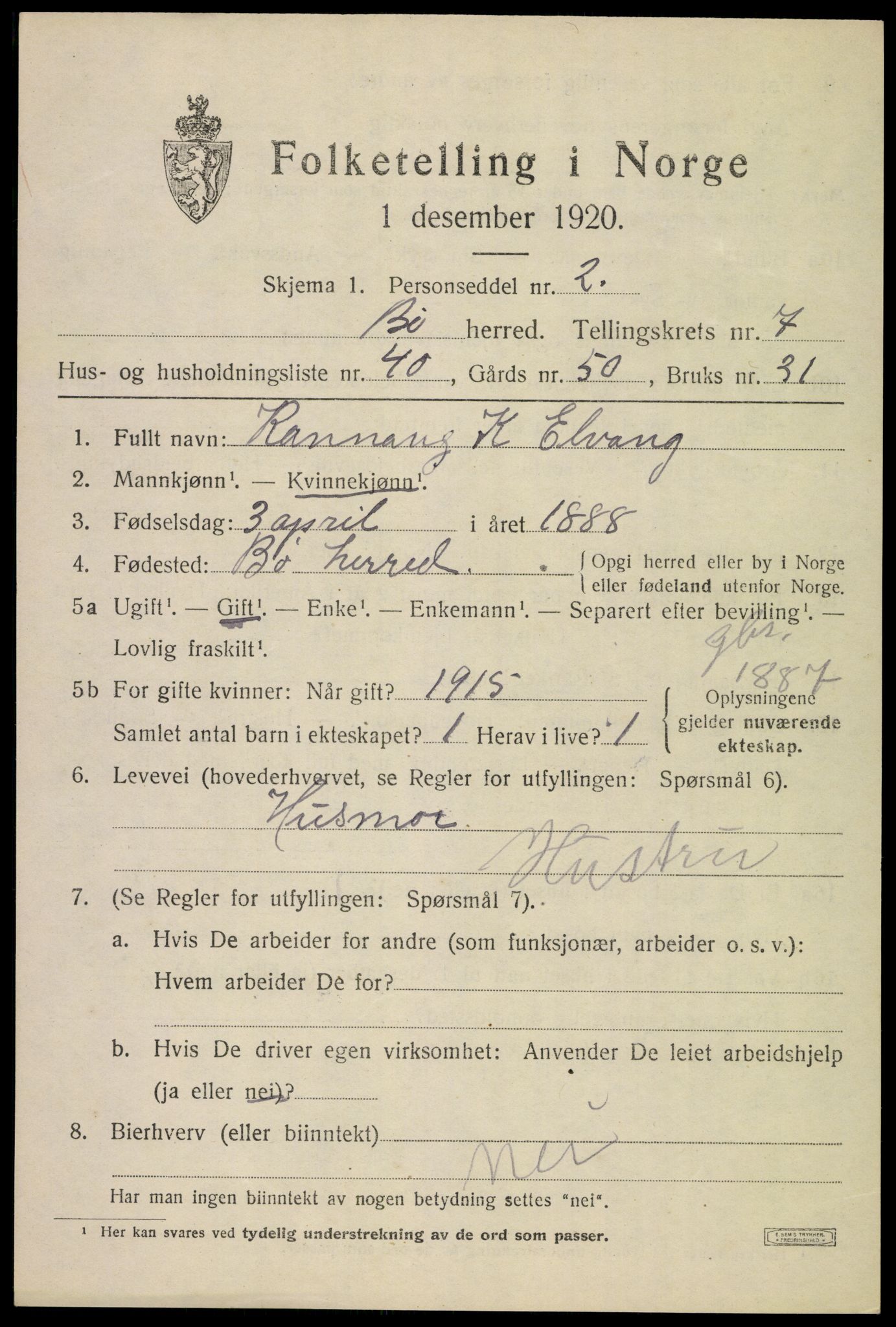 SAKO, 1920 census for Bø (Telemark), 1920, p. 5484