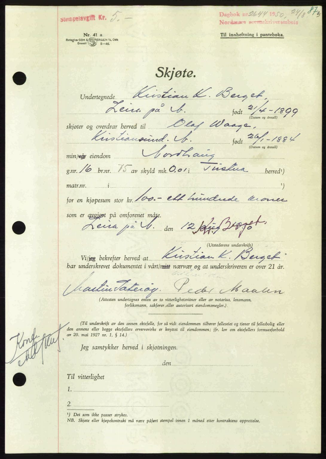 Nordmøre sorenskriveri, AV/SAT-A-4132/1/2/2Ca: Mortgage book no. A116, 1950-1950, Diary no: : 2644/1950