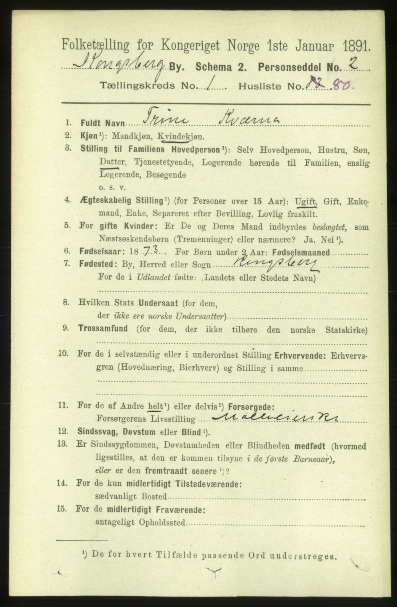 RA, 1891 census for 0604 Kongsberg, 1891, p. 2216