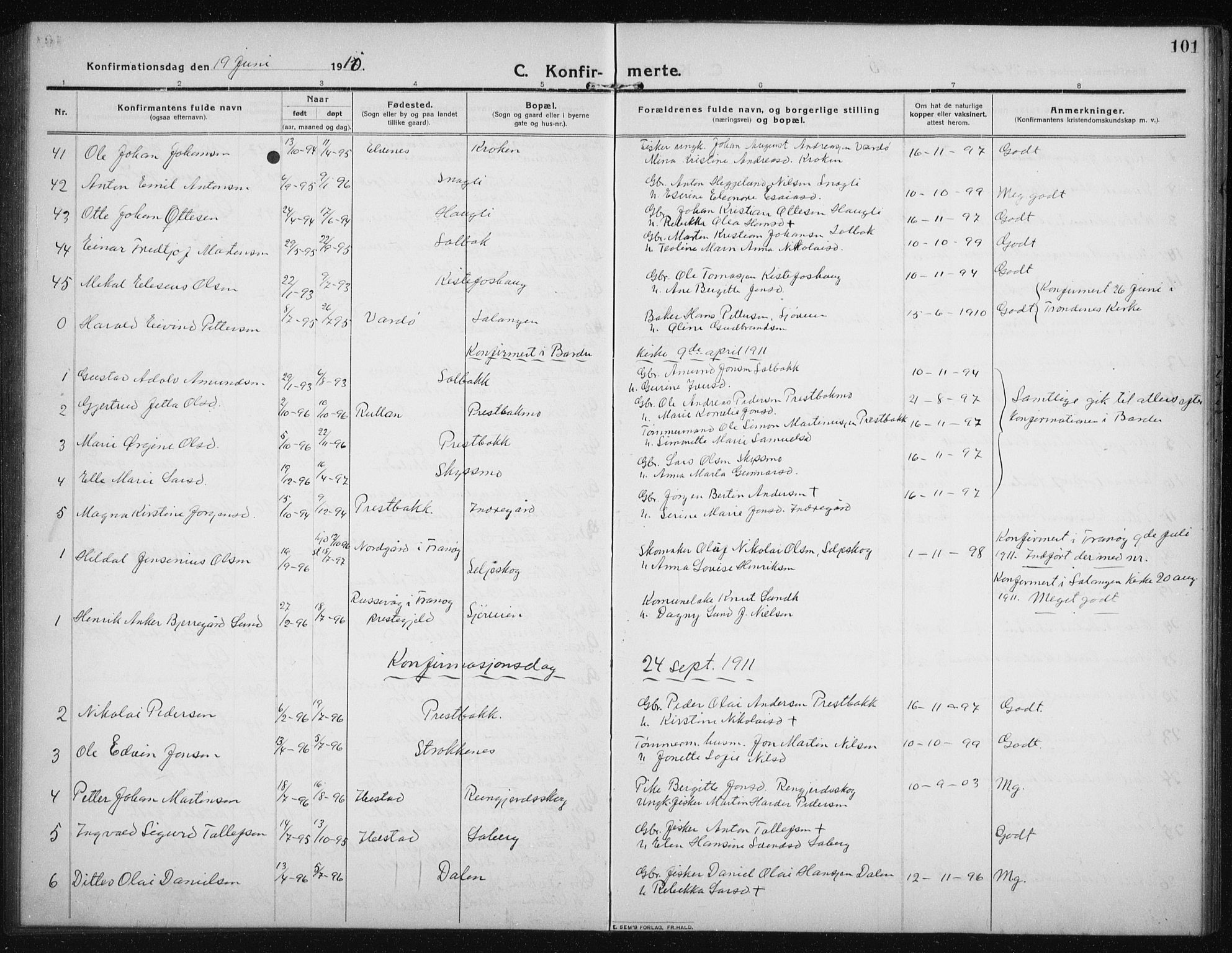 Salangen sokneprestembete, AV/SATØ-S-1324/H/Hb/L0005klokker: Parish register (copy) no. 5, 1918-1937, p. 101