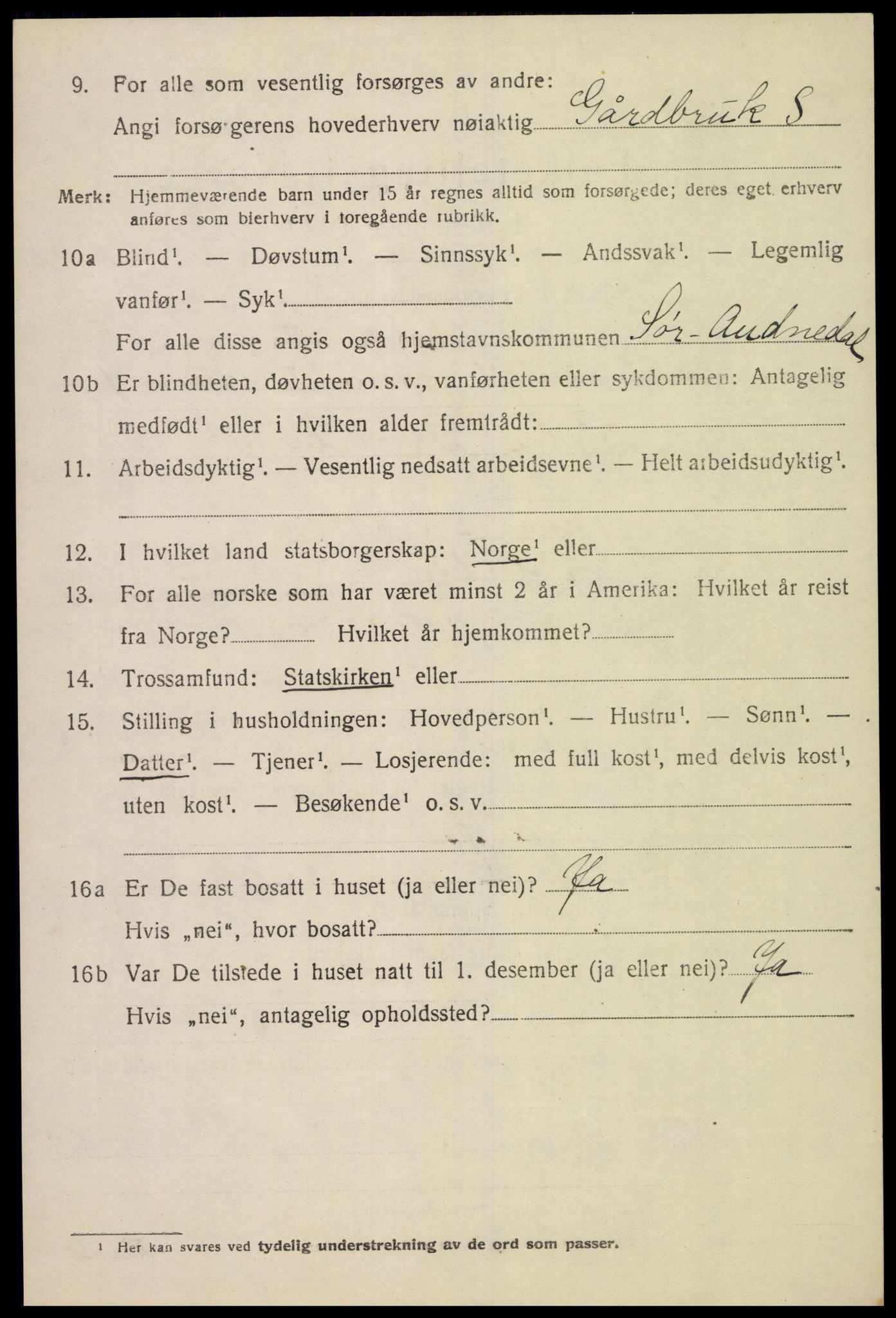 SAK, 1920 census for Sør-Audnedal, 1920, p. 2588