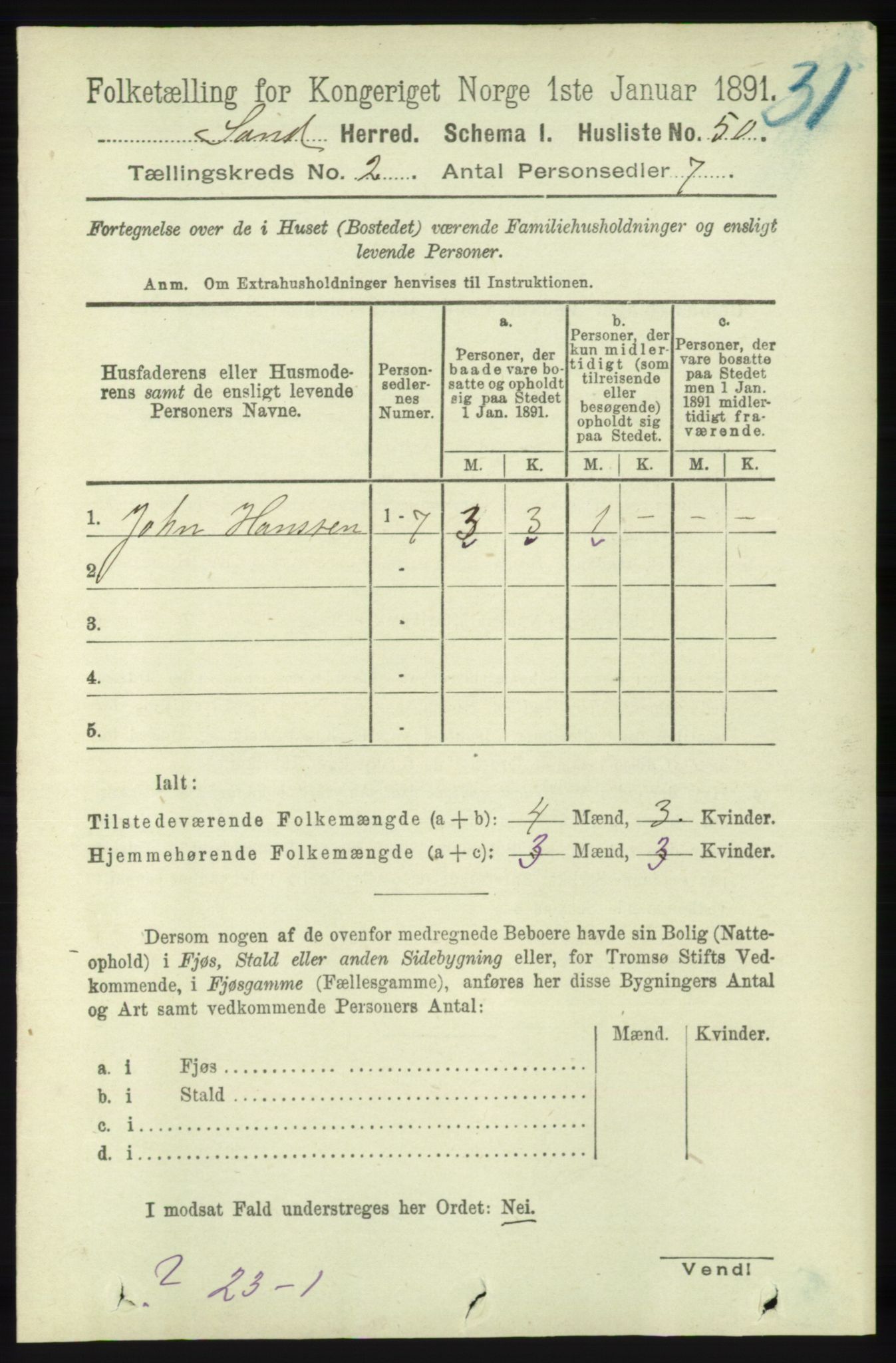 RA, 1891 census for 1136 Sand, 1891, p. 333