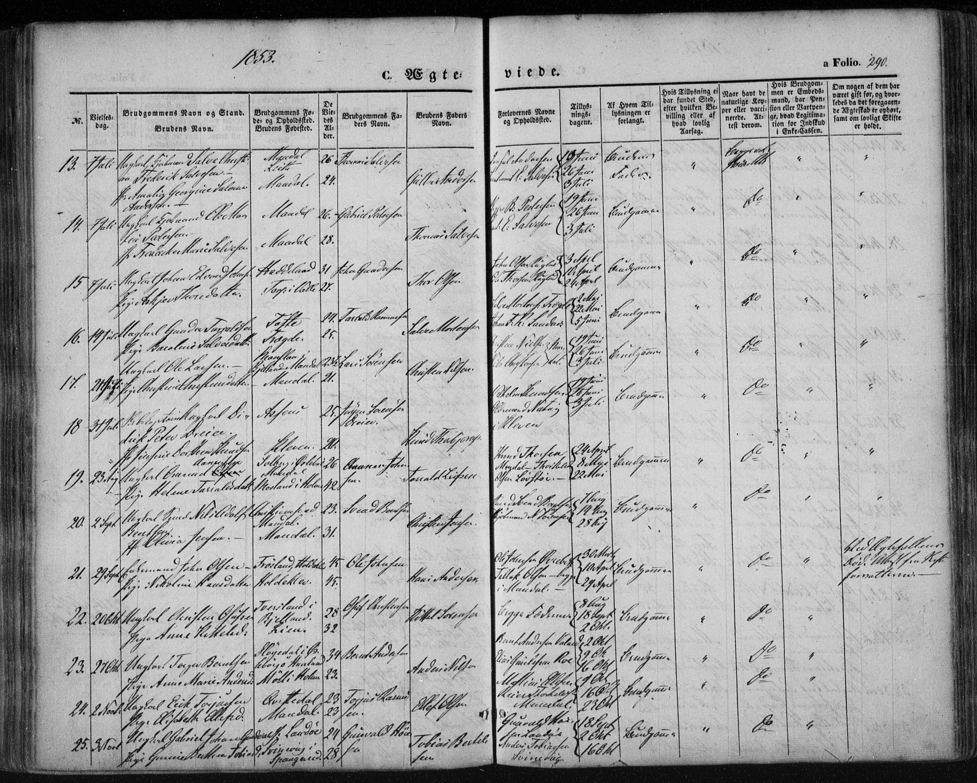 Mandal sokneprestkontor, AV/SAK-1111-0030/F/Fa/Faa/L0013: Parish register (official) no. A 13, 1847-1859, p. 290