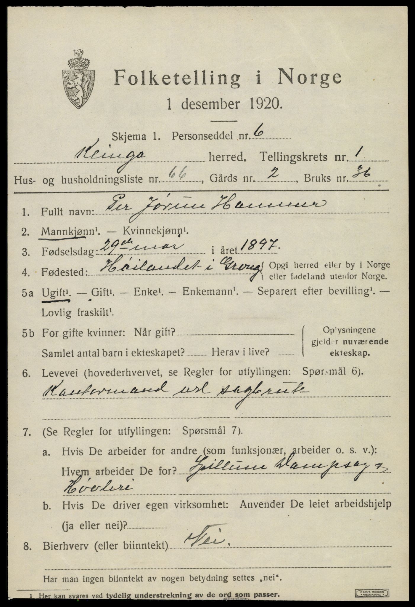 SAT, 1920 census for Klinga, 1920, p. 1399