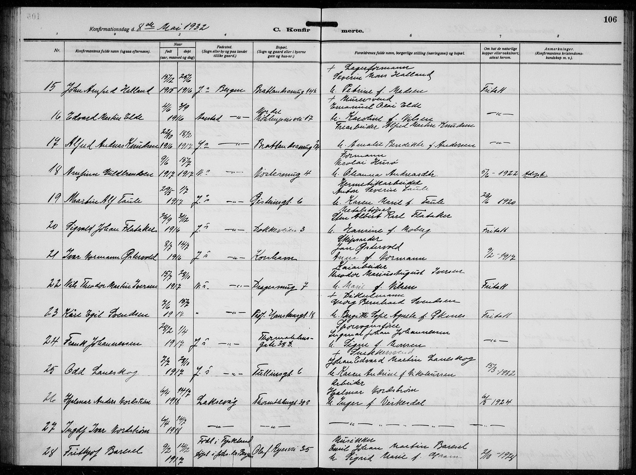 Johanneskirken sokneprestembete, AV/SAB-A-76001/H/Hab: Parish register (copy) no. B  3, 1925-1935, p. 105b-106a