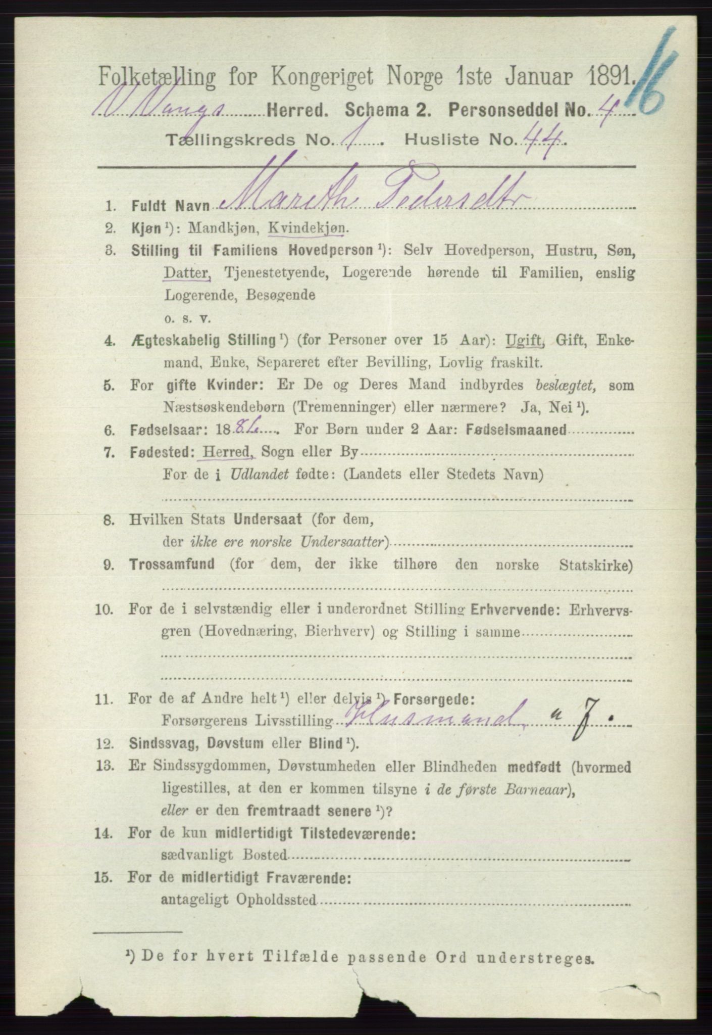 RA, 1891 census for 0545 Vang, 1891, p. 337