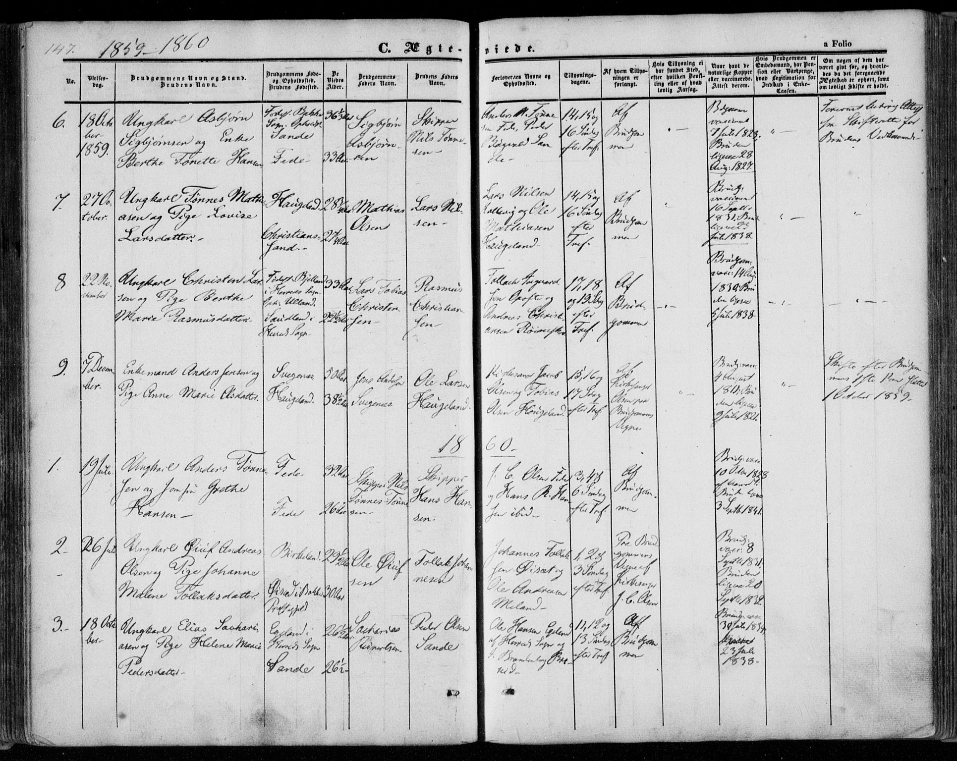 Kvinesdal sokneprestkontor, SAK/1111-0026/F/Fa/Faa/L0002: Parish register (official) no. A 2, 1850-1876, p. 147