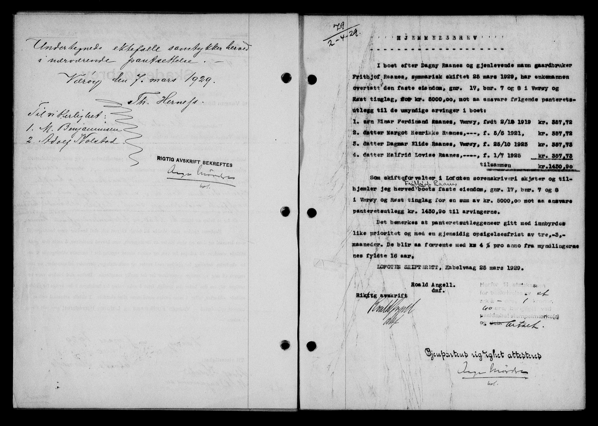 Lofoten sorenskriveri, AV/SAT-A-0017/1/2/2C/L0019b: Mortgage book no. 19b, 1929-1929, Deed date: 02.04.1929