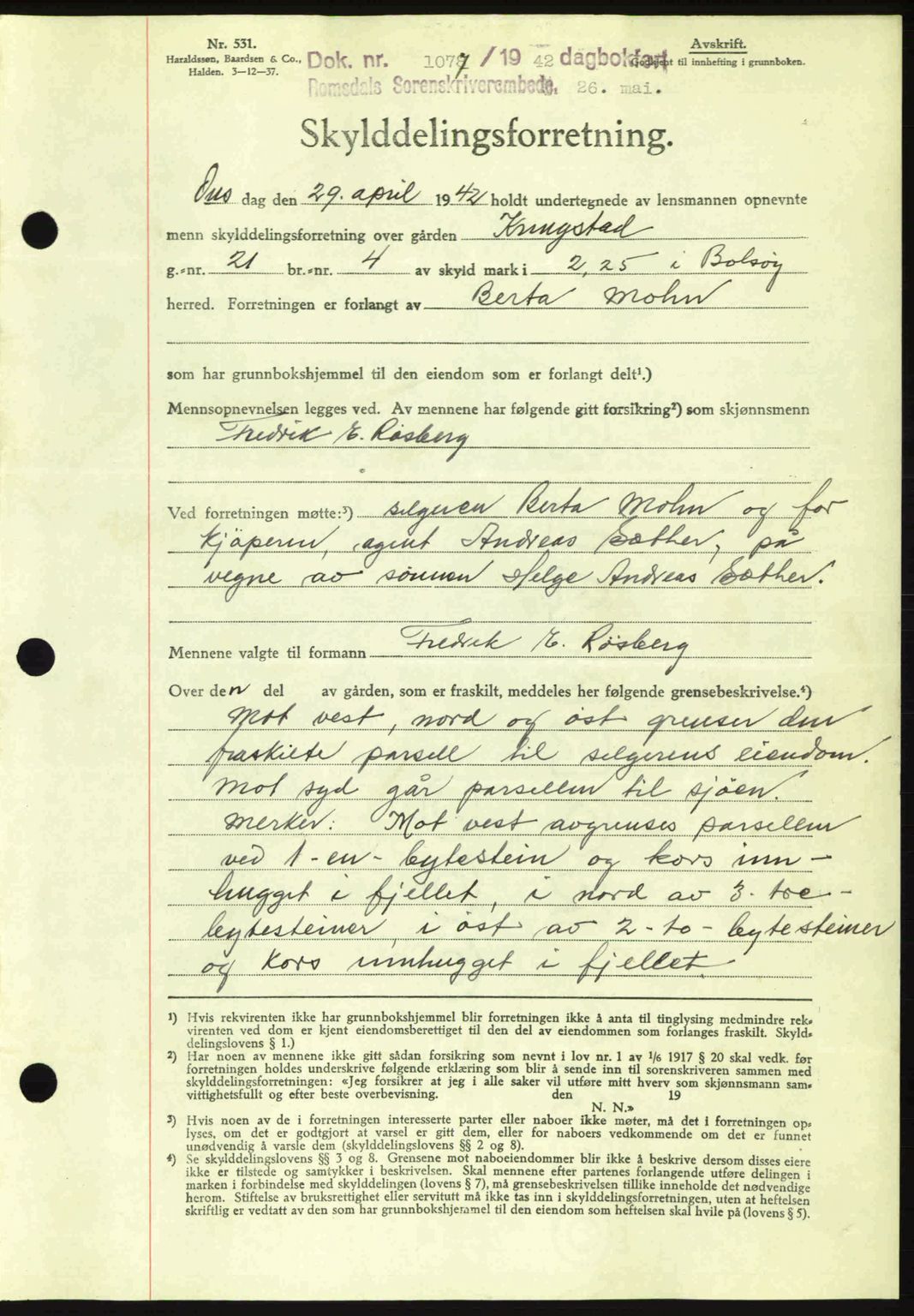 Romsdal sorenskriveri, AV/SAT-A-4149/1/2/2C: Mortgage book no. A12, 1942-1942, Diary no: : 1077/1942