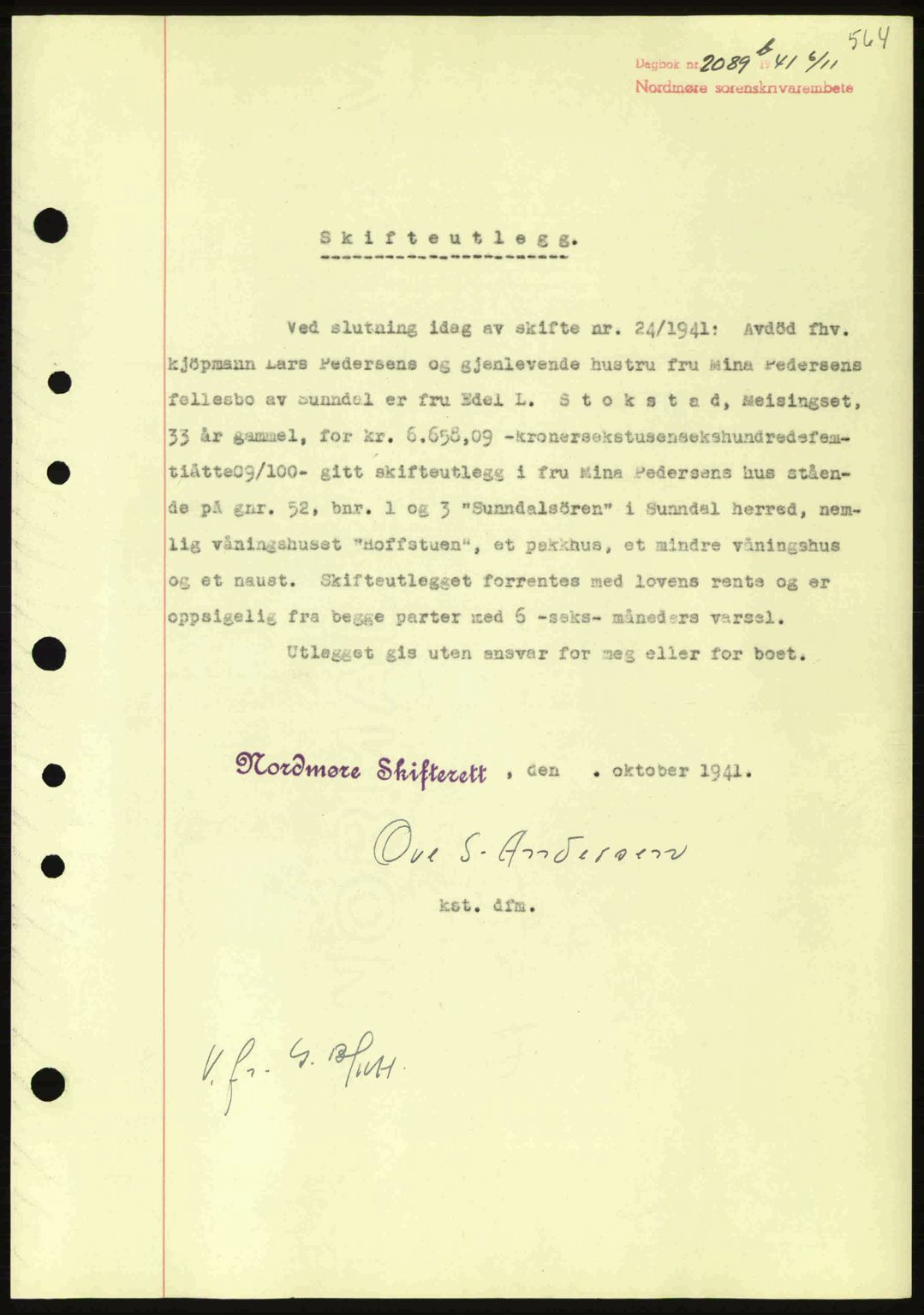 Nordmøre sorenskriveri, SAT/A-4132/1/2/2Ca: Mortgage book no. B88, 1941-1942, Diary no: : 2089/1941