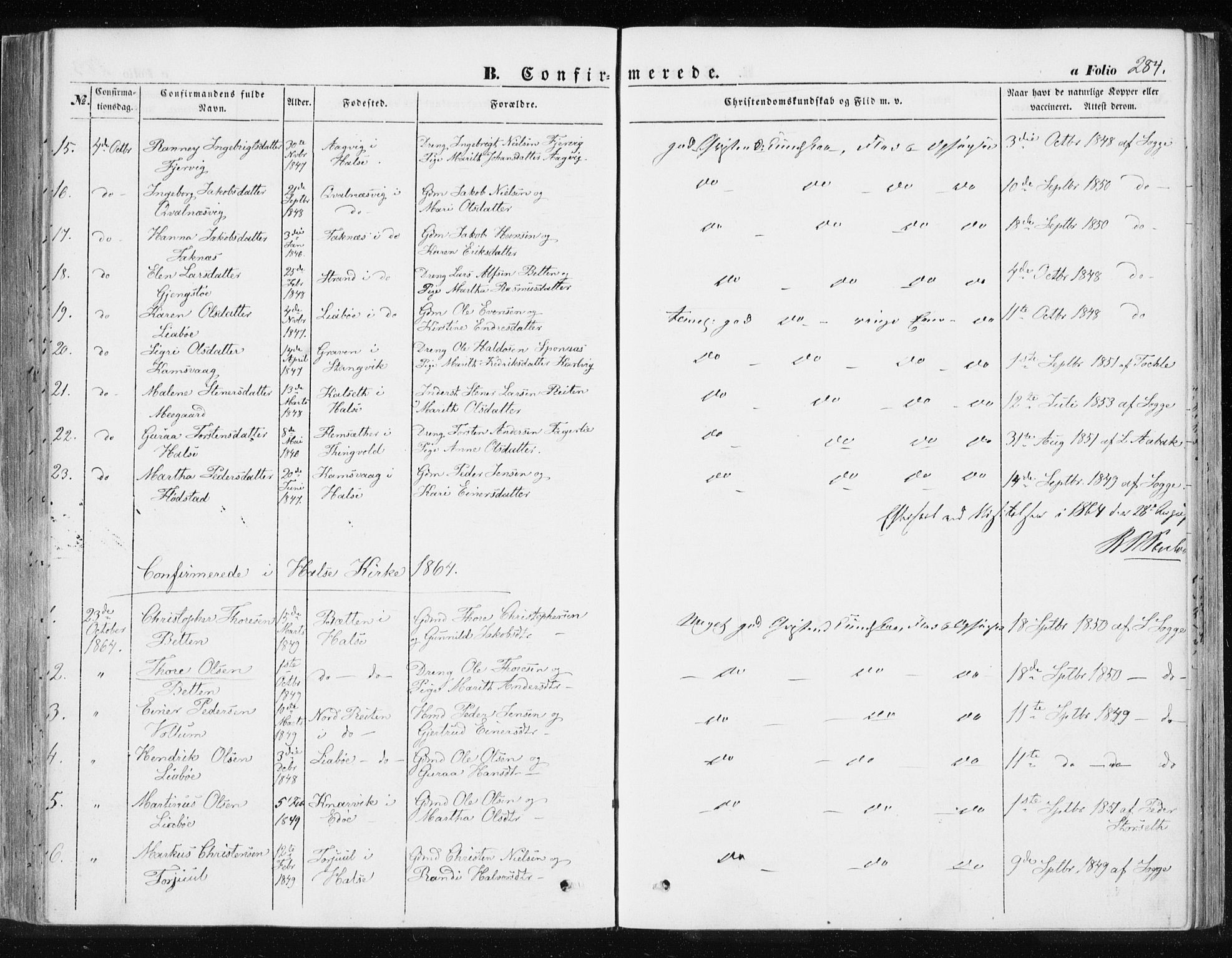Ministerialprotokoller, klokkerbøker og fødselsregistre - Møre og Romsdal, SAT/A-1454/576/L0883: Parish register (official) no. 576A01, 1849-1865, p. 284