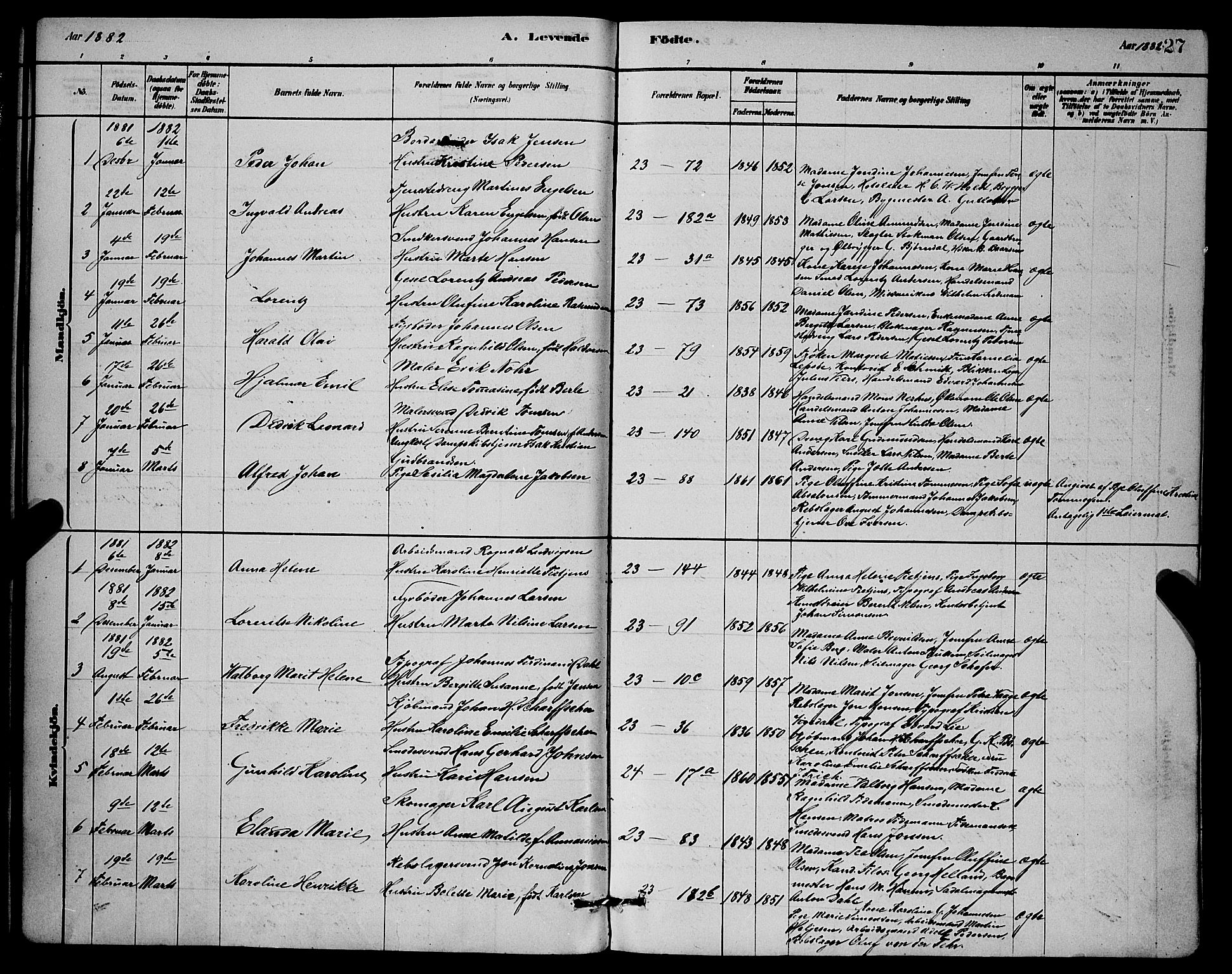 Mariakirken Sokneprestembete, SAB/A-76901/H/Hab/L0004: Parish register (copy) no. A 4, 1878-1892, p. 27