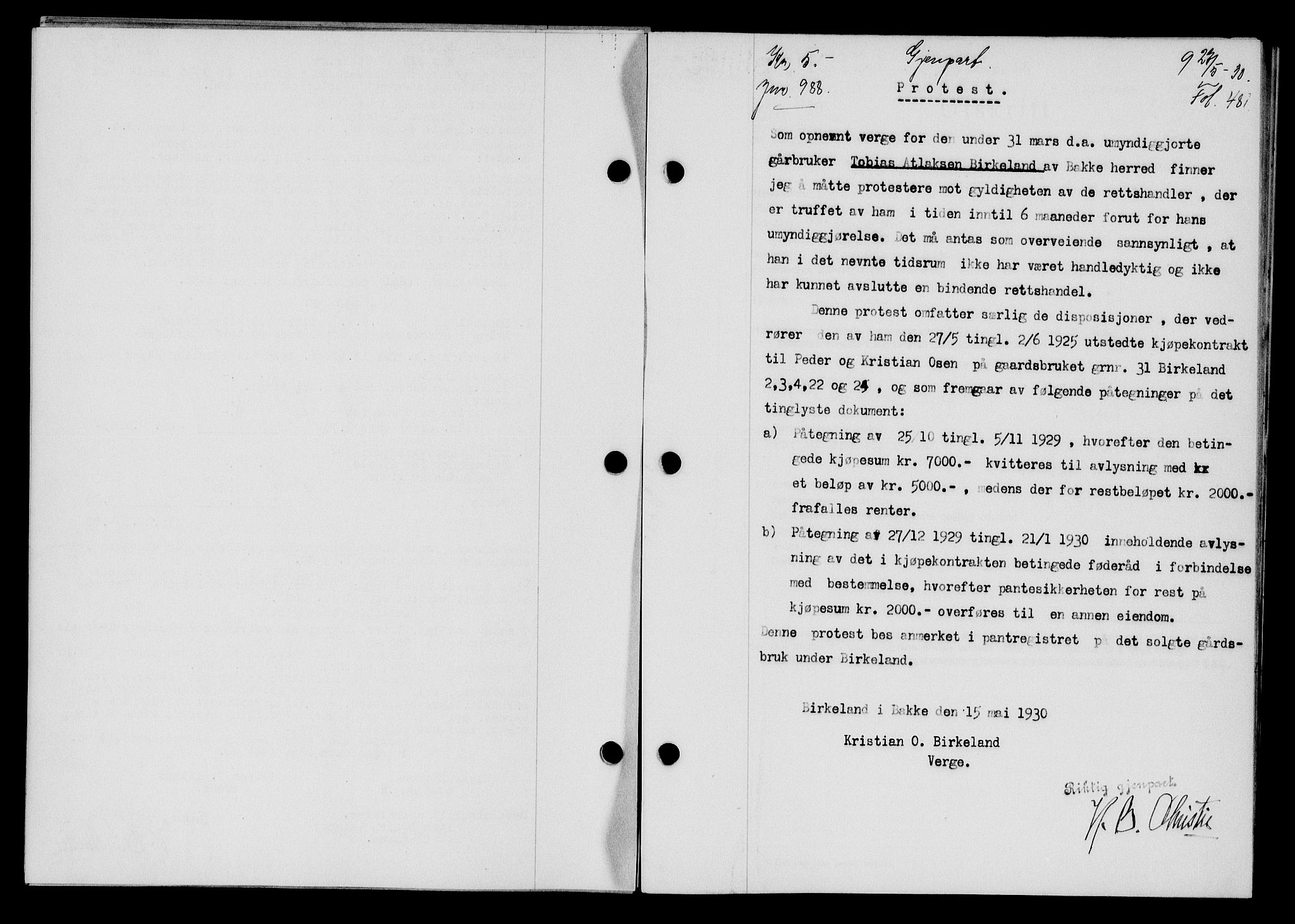 Flekkefjord sorenskriveri, SAK/1221-0001/G/Gb/Gba/L0045: Mortgage book no. 43, 1929-1930, Deed date: 27.05.1930