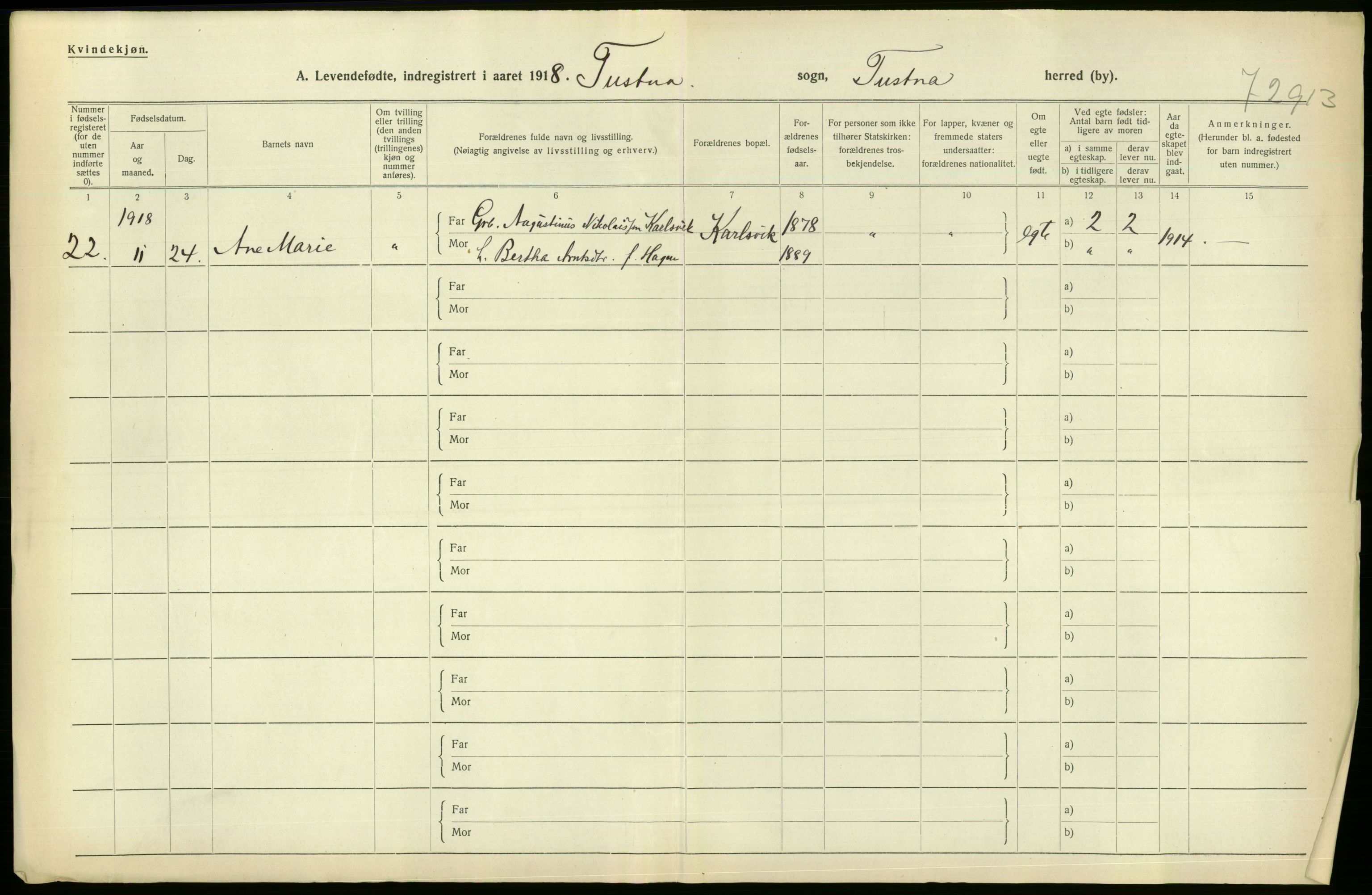 Statistisk sentralbyrå, Sosiodemografiske emner, Befolkning, RA/S-2228/D/Df/Dfb/Dfbh/L0043: Møre fylke: Levendefødte menn og kvinner. Bygder., 1918, p. 96