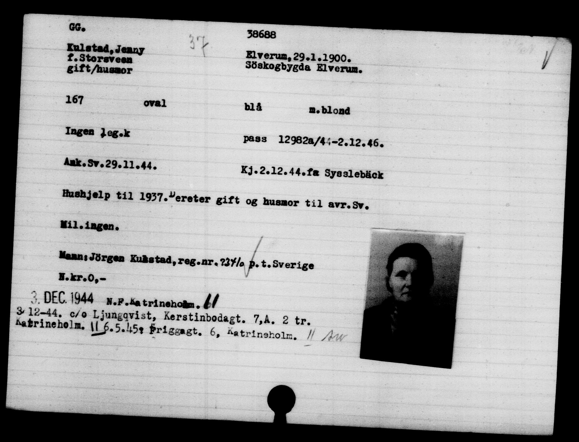 Utenriksstasjonene, Legasjonen i Stockholm, Flyktningkontoret, AV/RA-S-6753/V/Va/L0015: Kjesäterkartoteket, flyktninger med registreringsnr. 37800-40770, 1940-1945, p. 912