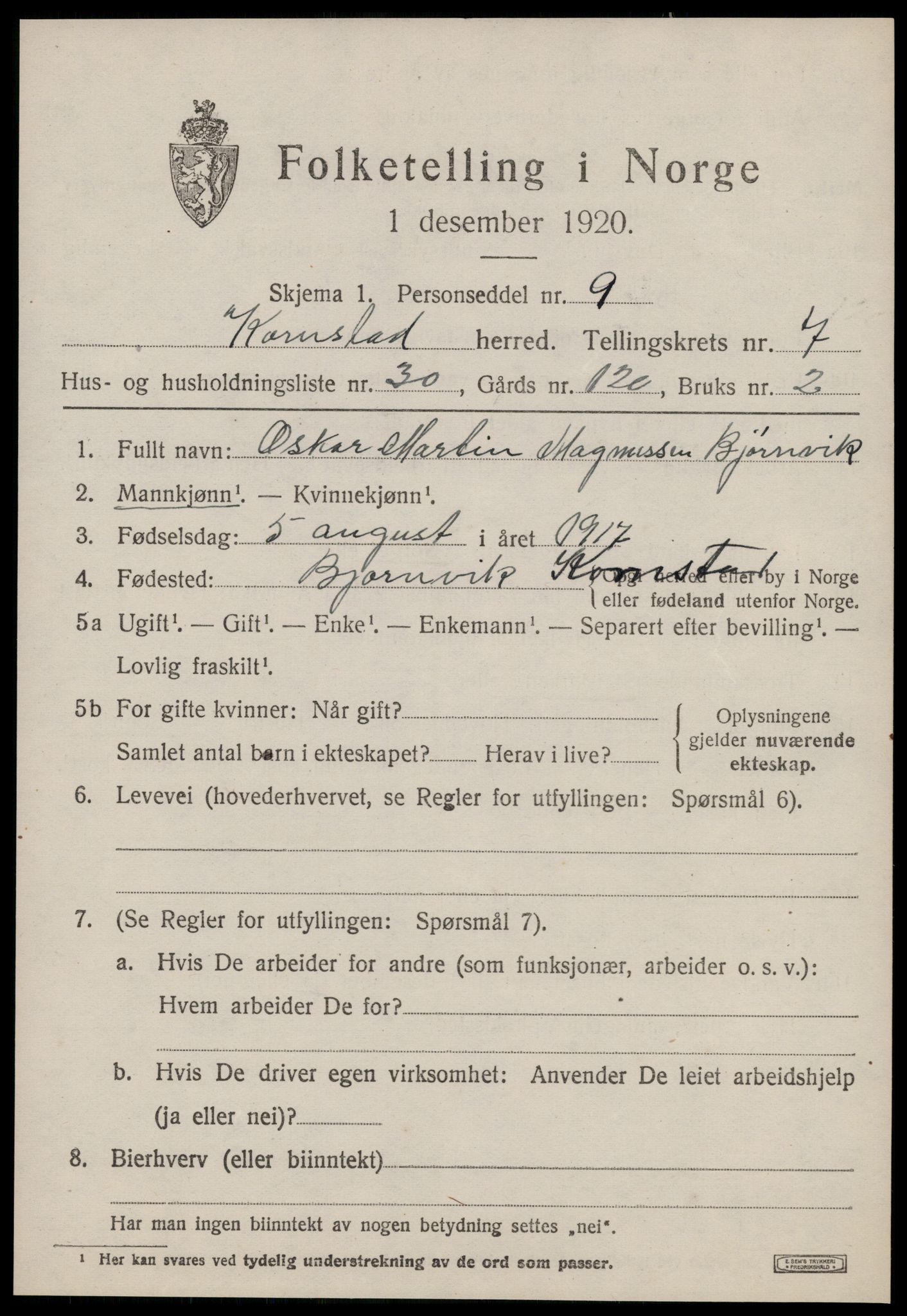 SAT, 1920 census for Kornstad, 1920, p. 4207