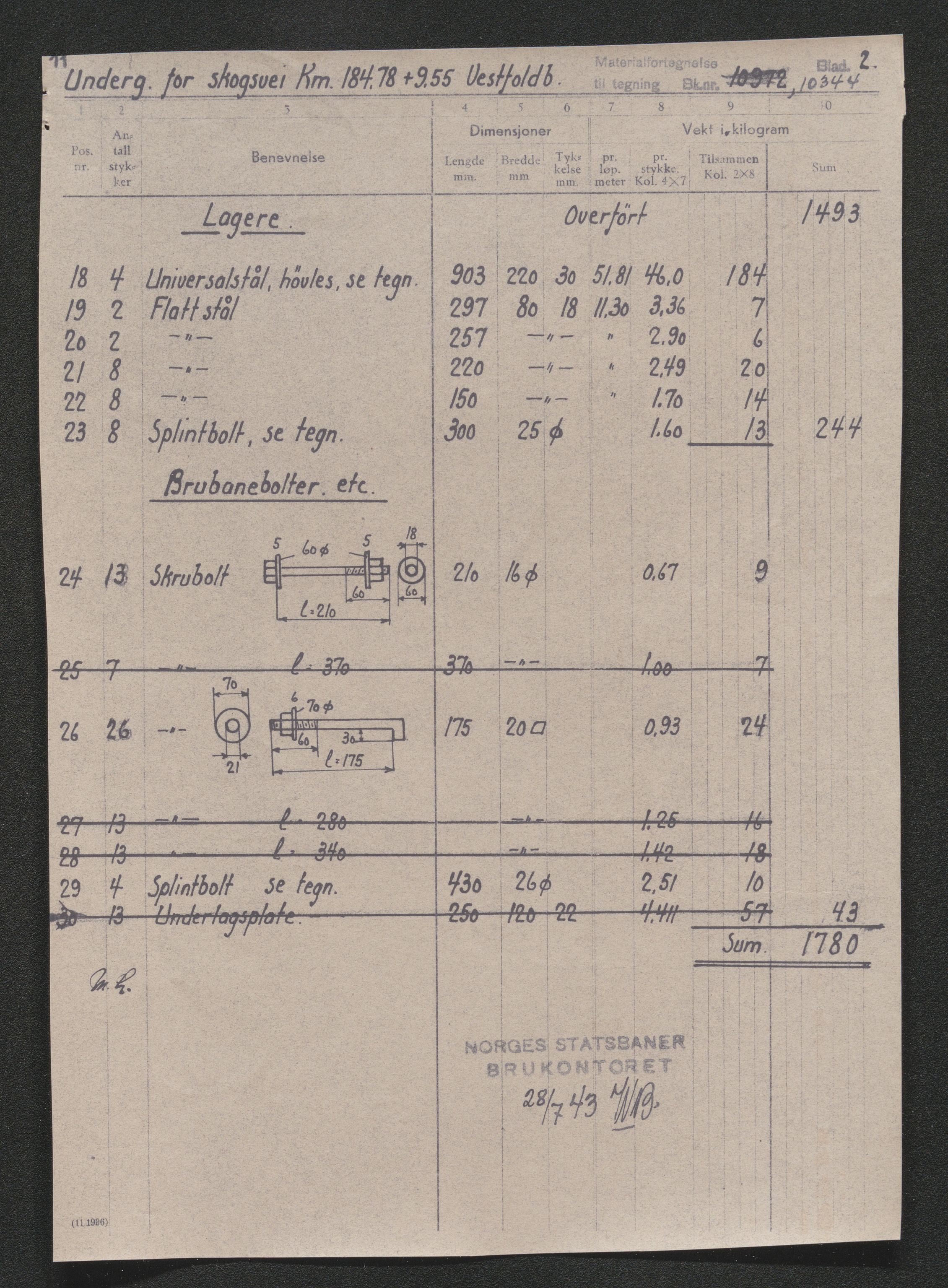 Norges Statsbaner Drammen distrikt (NSB), AV/SAKO-A-30/1.DELARKIV/E/Eb/L0039/0013: Vestfoldbanens ombygging / Undergang gårdsveg km. 183.189, 1941-1944, p. 7