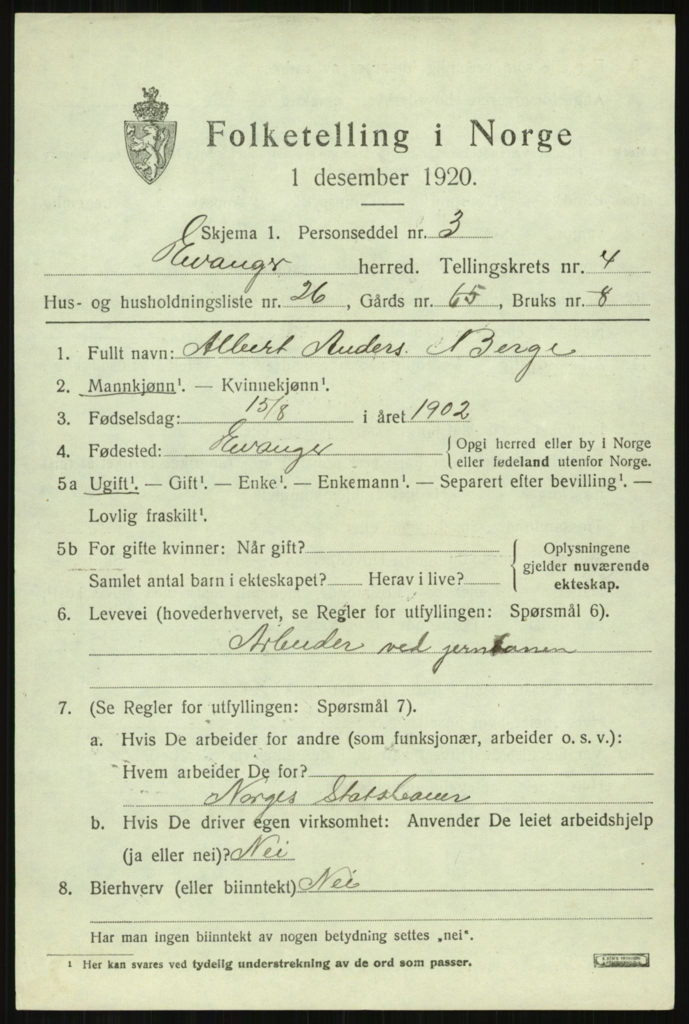 SAB, 1920 census for Evanger, 1920, p. 1653