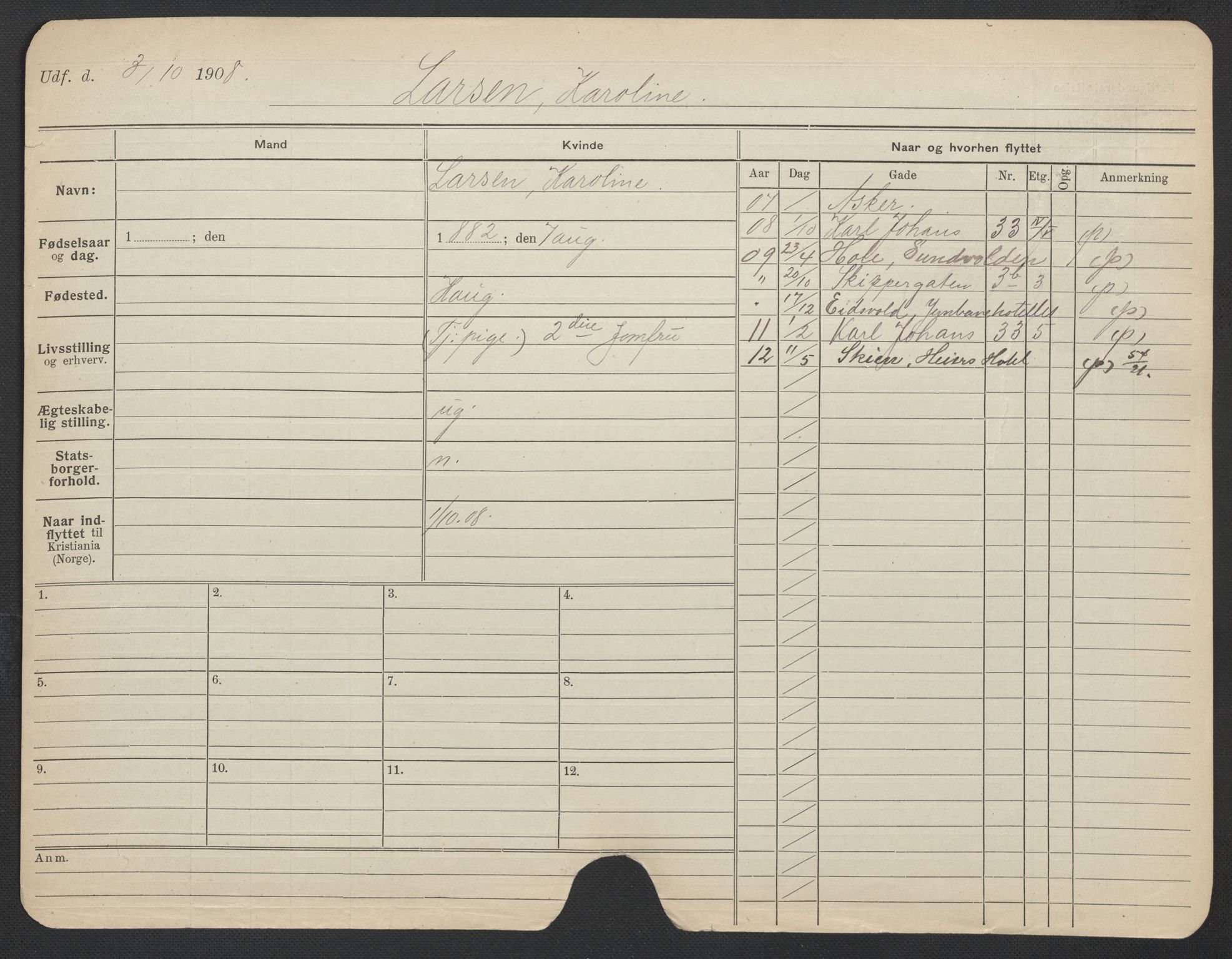 Oslo folkeregister, Registerkort, AV/SAO-A-11715/F/Fa/Fac/L0019: Kvinner, 1906-1914, p. 996a