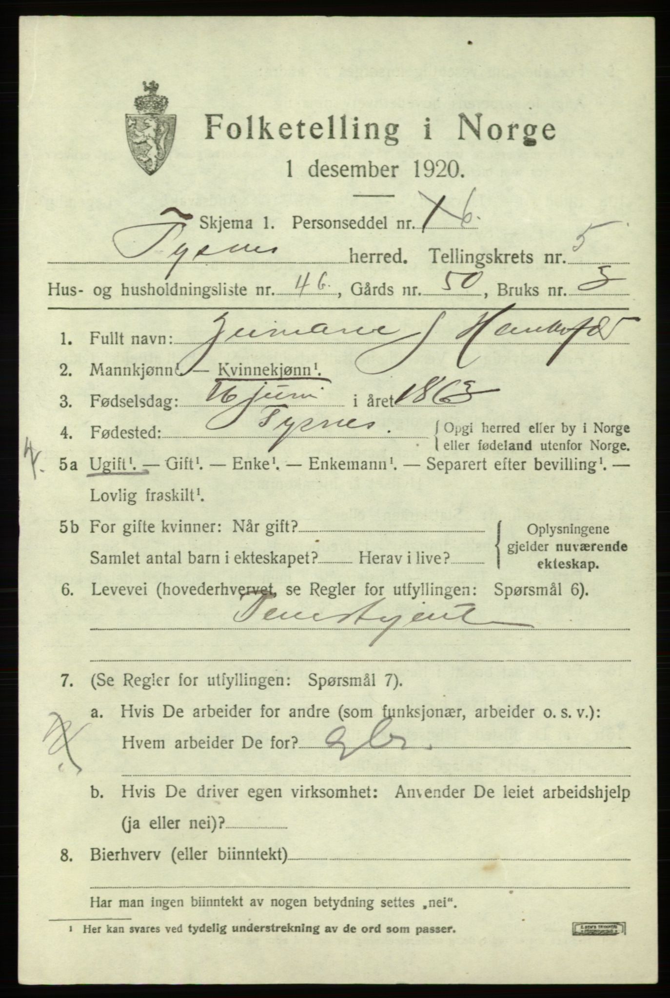 SAB, 1920 census for Tysnes, 1920, p. 4362