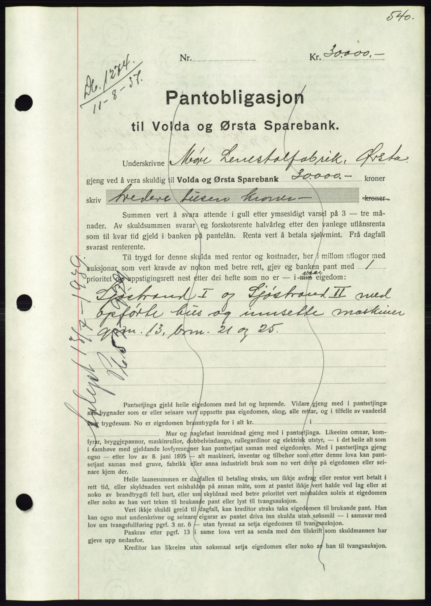 Søre Sunnmøre sorenskriveri, AV/SAT-A-4122/1/2/2C/L0063: Mortgage book no. 57, 1937-1937, Diary no: : 1274/1937