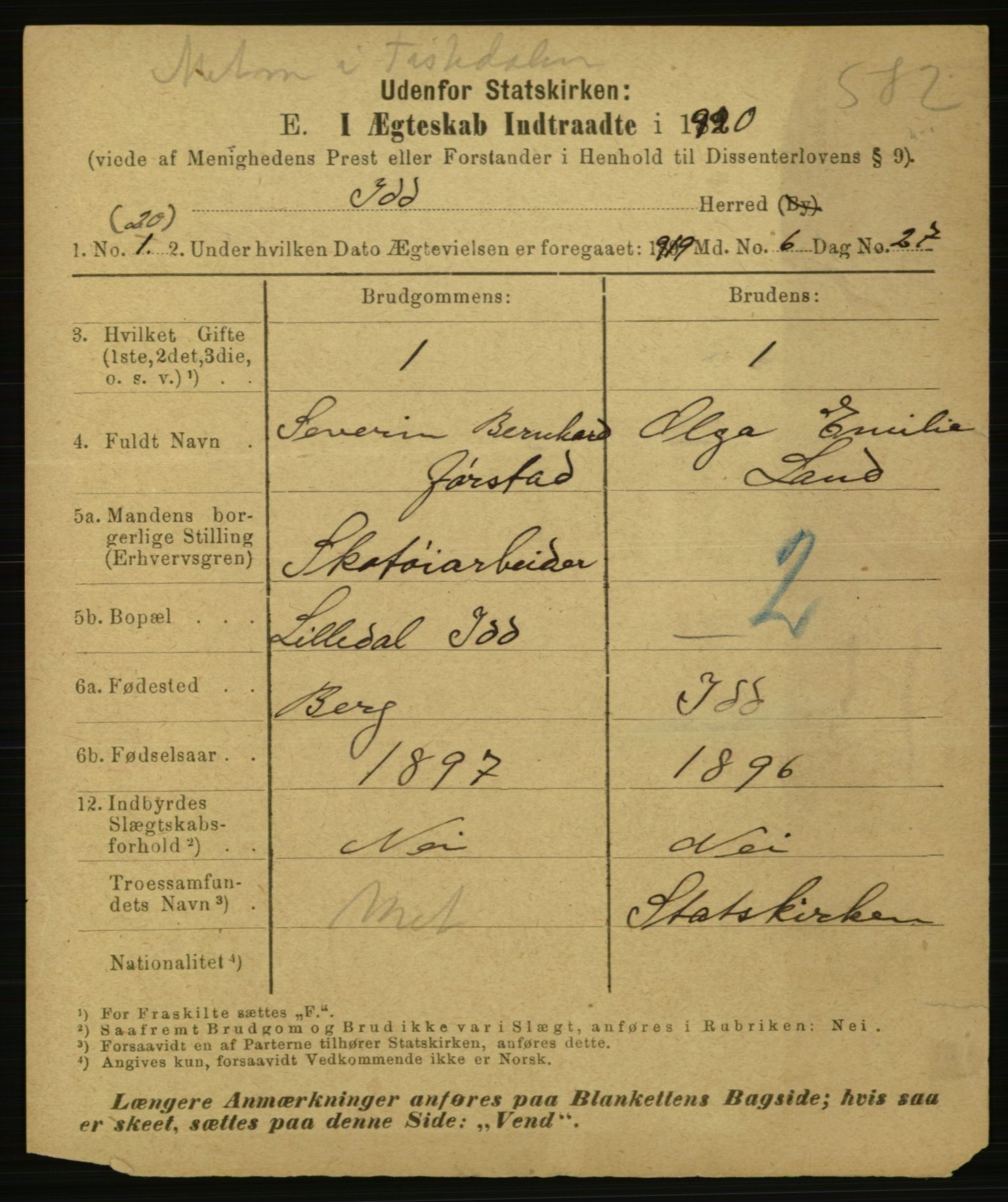 Statistisk sentralbyrå, Sosiodemografiske emner, Befolkning, AV/RA-S-2228/E/L0018: Fødte, gifte, døde dissentere., 1920, p. 1997