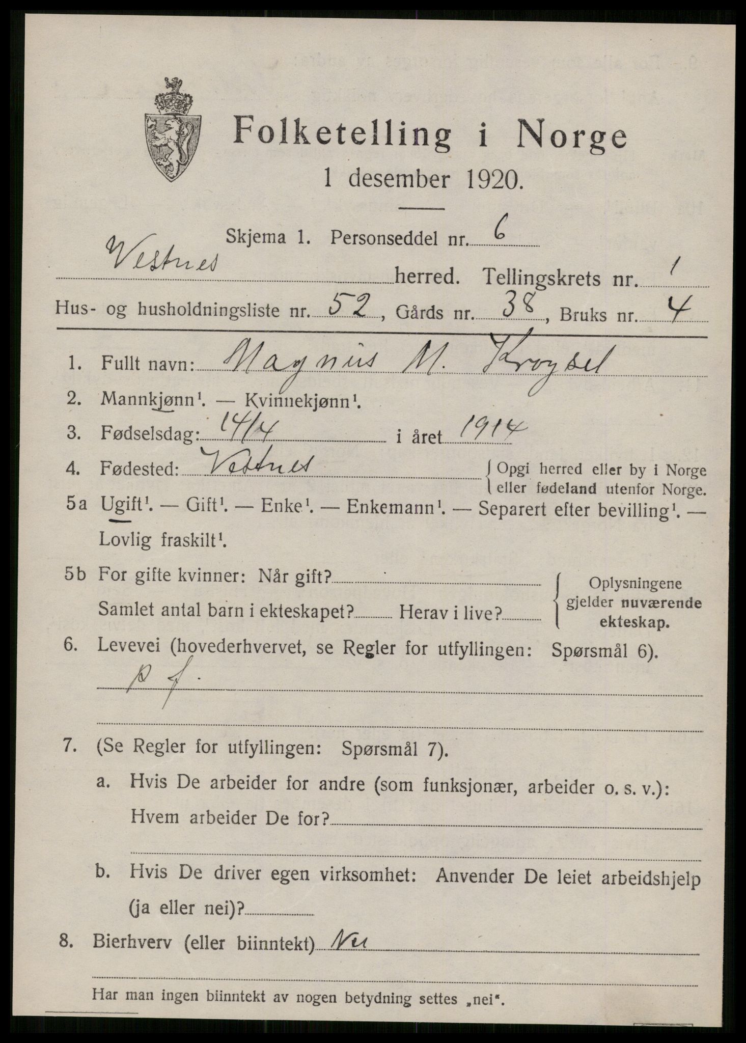 SAT, 1920 census for Vestnes, 1920, p. 1843