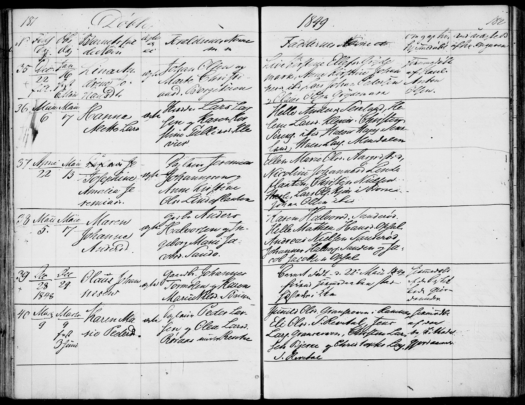 Våle kirkebøker, AV/SAKO-A-334/F/Fa/L0009a: Parish register (official) no. I 9A, 1839-1860, p. 181-182