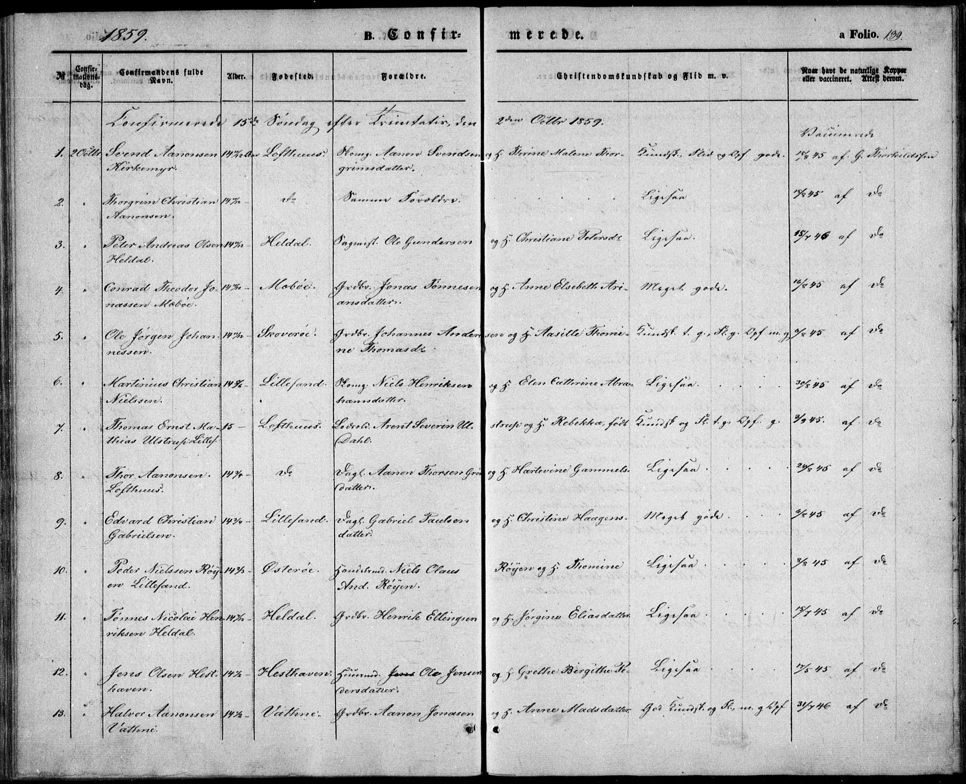Vestre Moland sokneprestkontor, SAK/1111-0046/F/Fb/Fbb/L0003: Parish register (copy) no. B 3, 1851-1861, p. 139