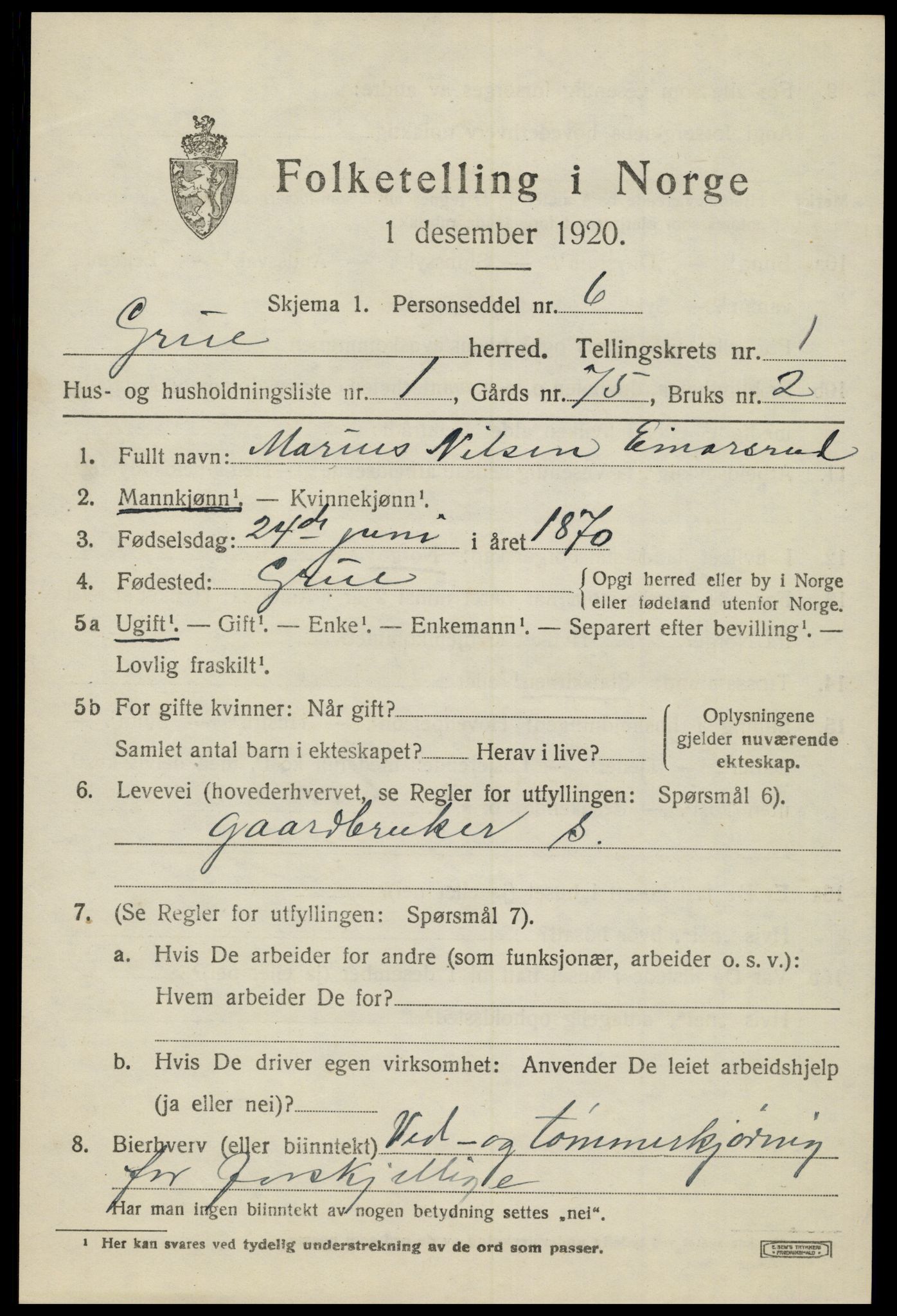 SAH, 1920 census for Grue, 1920, p. 2489