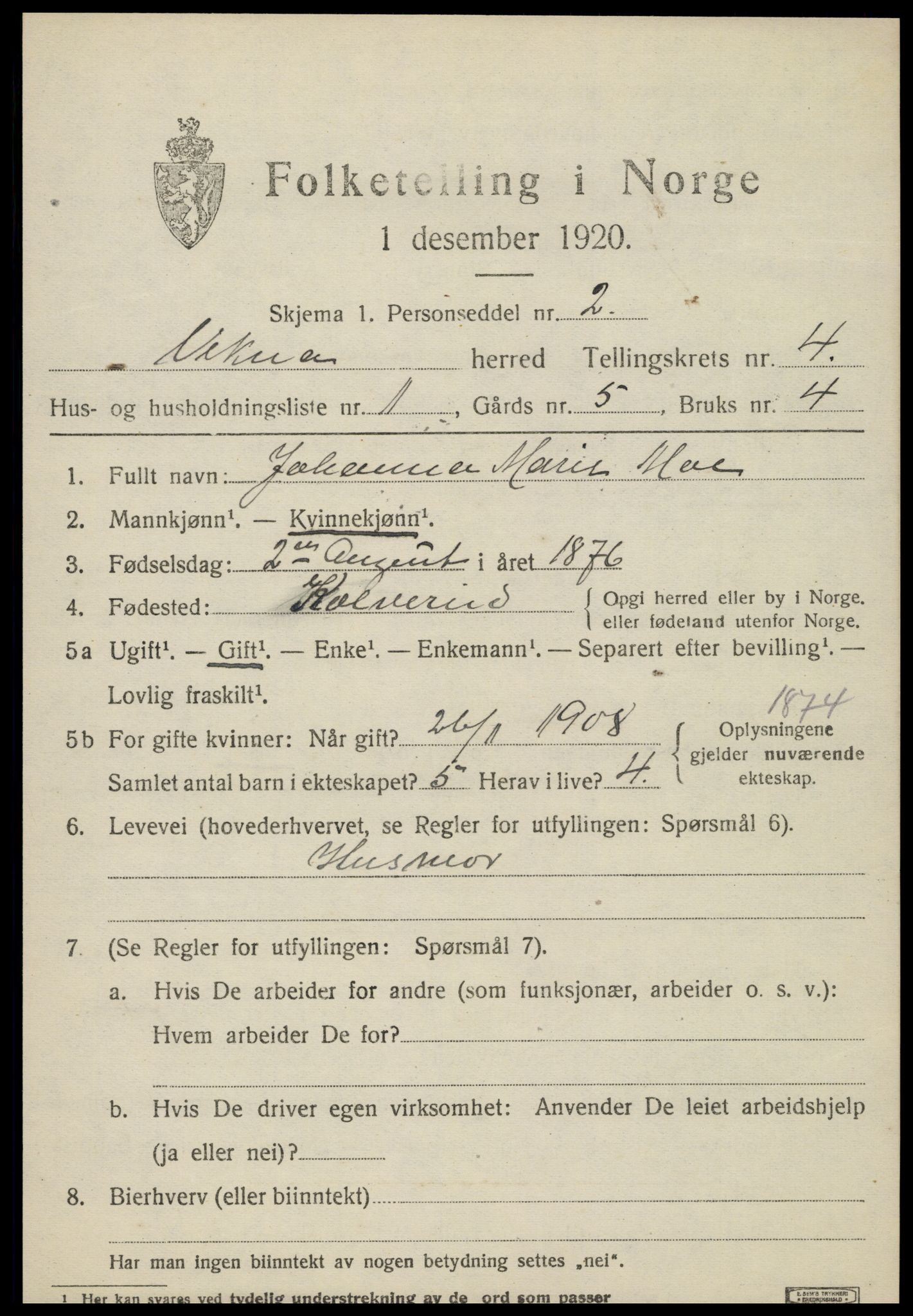 SAT, 1920 census for Vikna, 1920, p. 4139