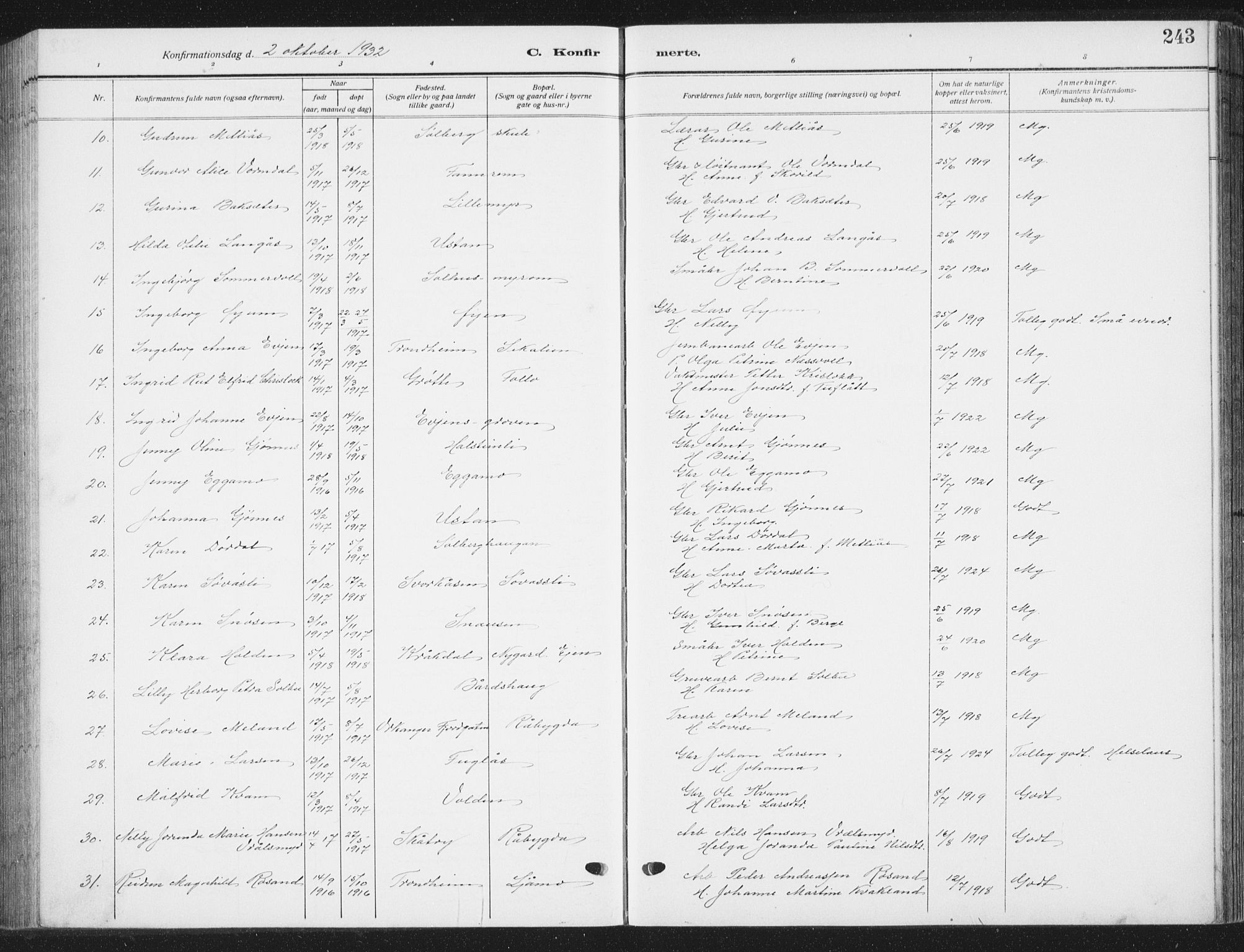 Ministerialprotokoller, klokkerbøker og fødselsregistre - Sør-Trøndelag, SAT/A-1456/668/L0820: Parish register (copy) no. 668C09, 1912-1936, p. 243