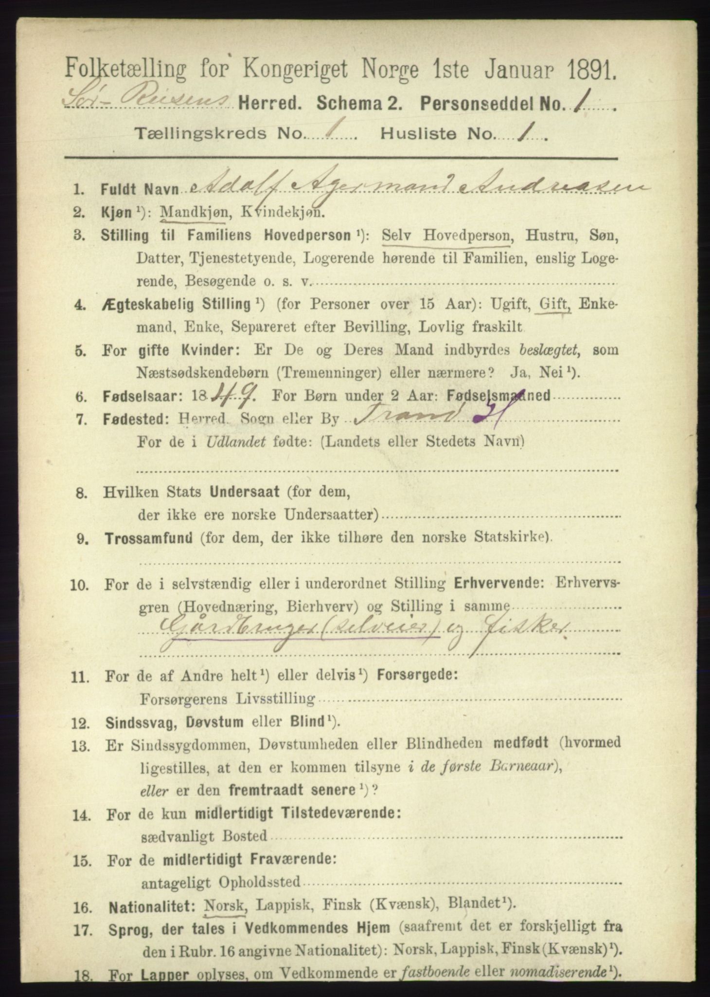 RA, 1891 census for 1925 Sørreisa, 1891, p. 62